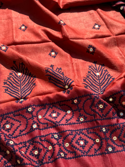 Brick red handwoven Tussar silk saree with handmade kutch mirror embroidery work