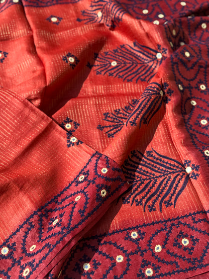 Brick red handwoven Tussar silk saree with handmade kutch mirror embroidery work