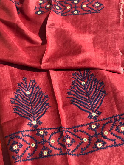 Brick red handwoven Tussar silk saree with handmade kutch mirror embroidery work