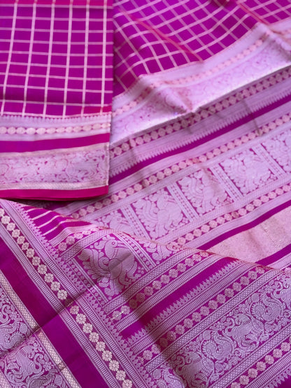 Rani pink zari checks Kanchi Silk Cotton Saree