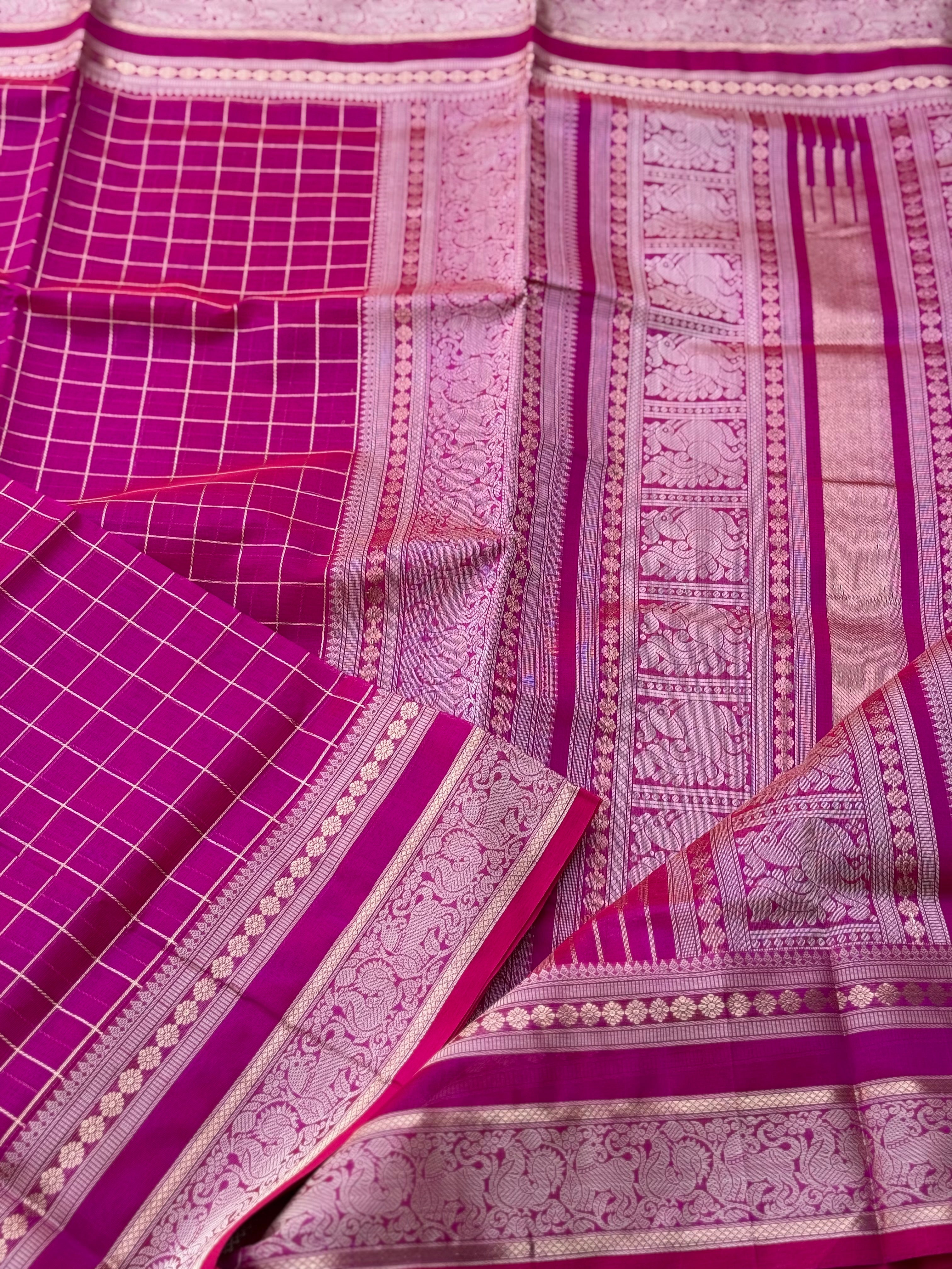 Rani pink zari checks Kanchi Silk Cotton Saree