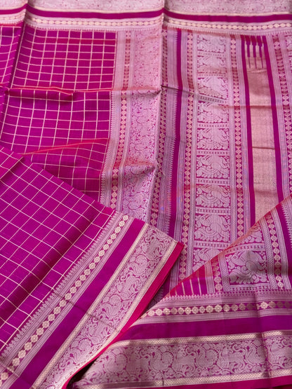 Rani pink zari checks Kanchi Silk Cotton Saree
