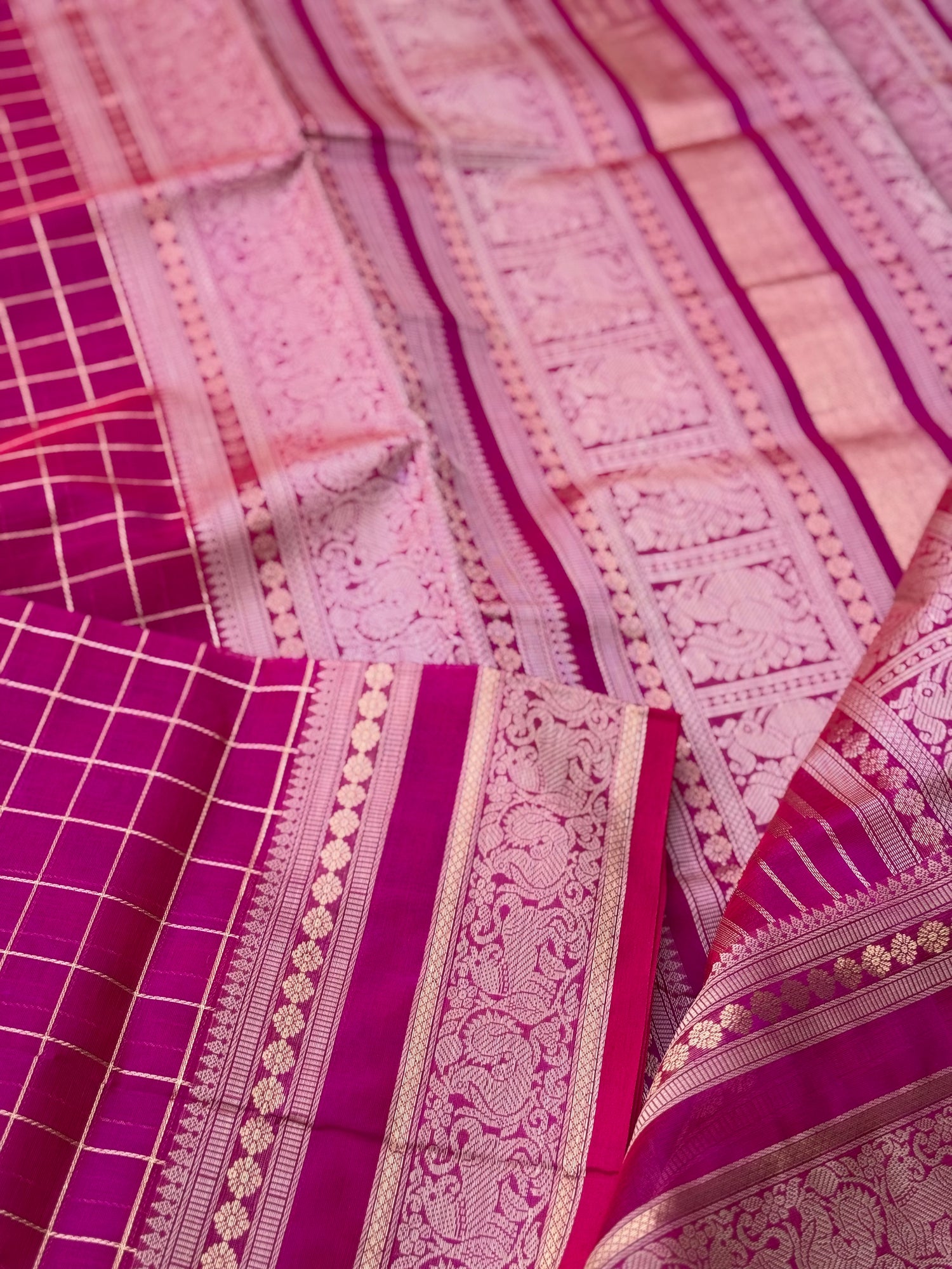 Rani pink zari checks Kanchi Silk Cotton Saree