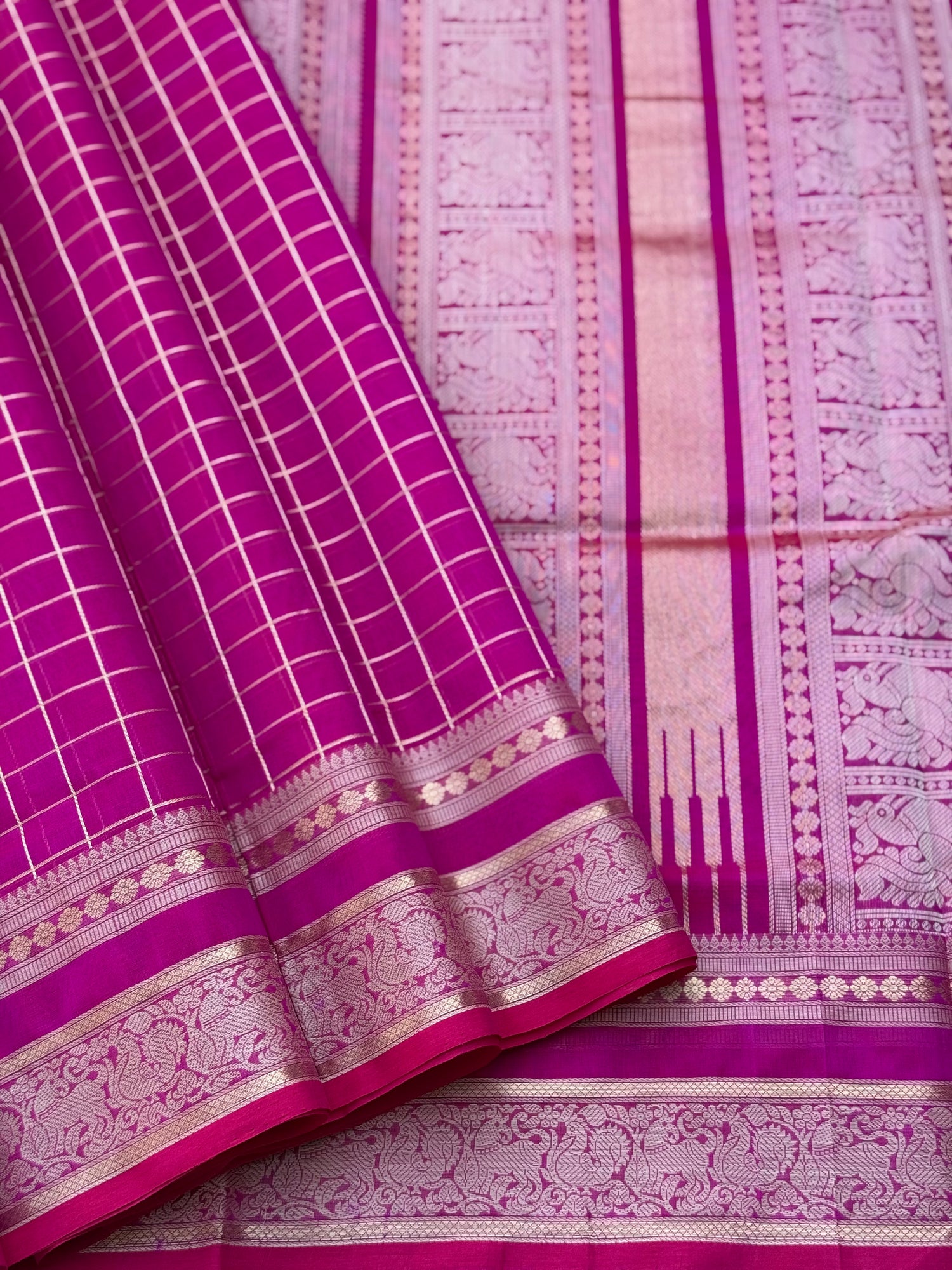 Rani pink zari checks Kanchi Silk Cotton Saree