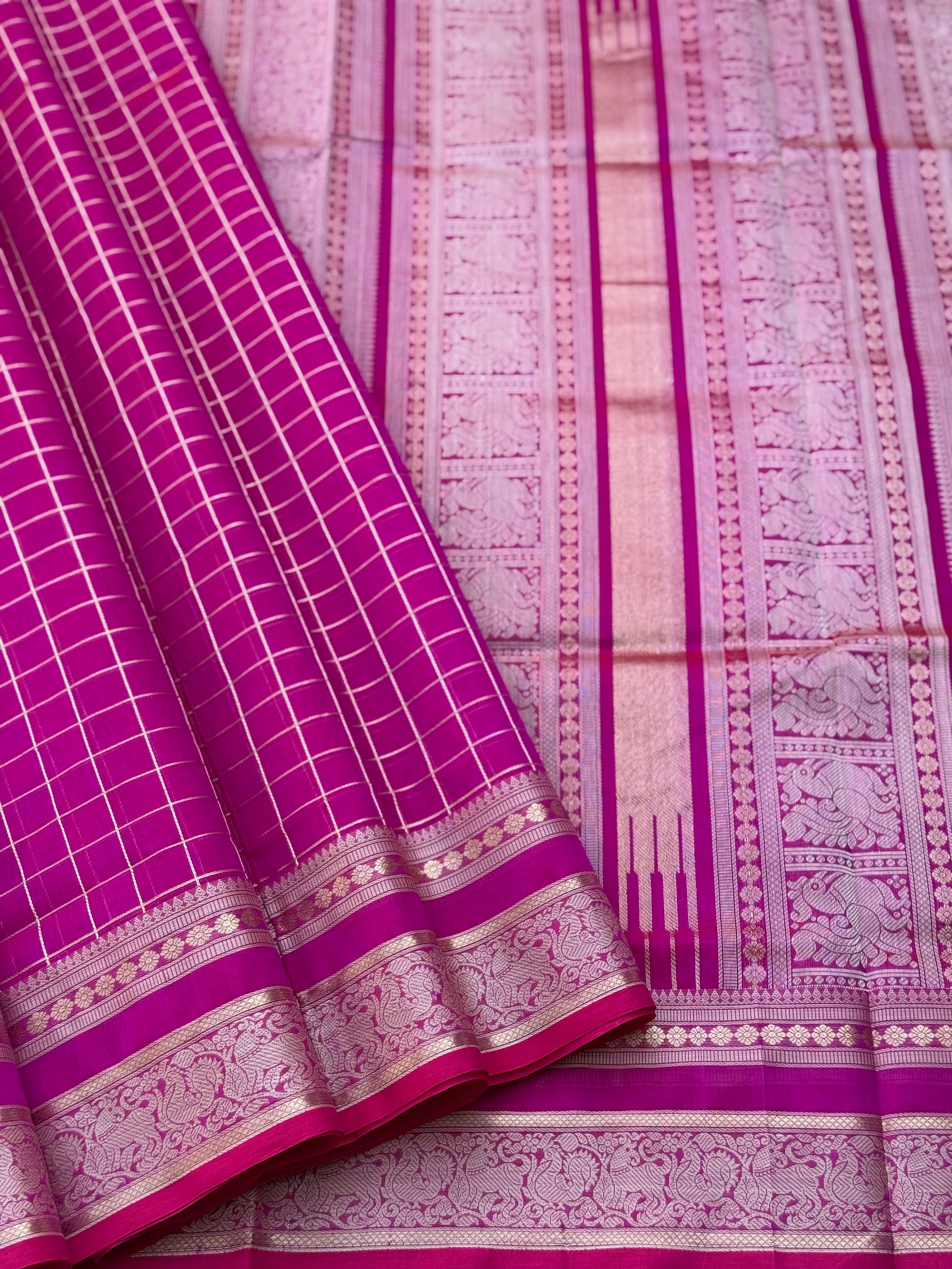 Rani pink zari checks Kanchi Silk Cotton Saree