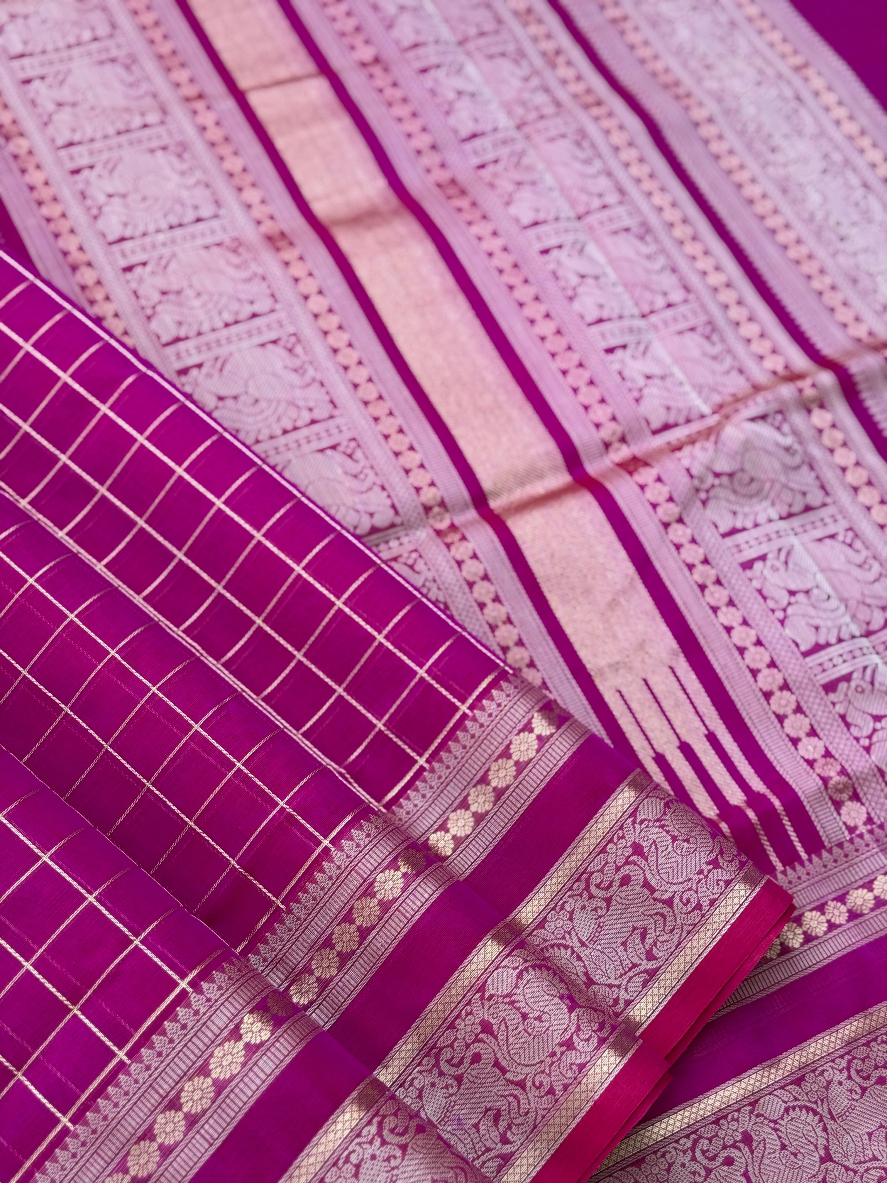 Rani pink zari checks Kanchi Silk Cotton Saree