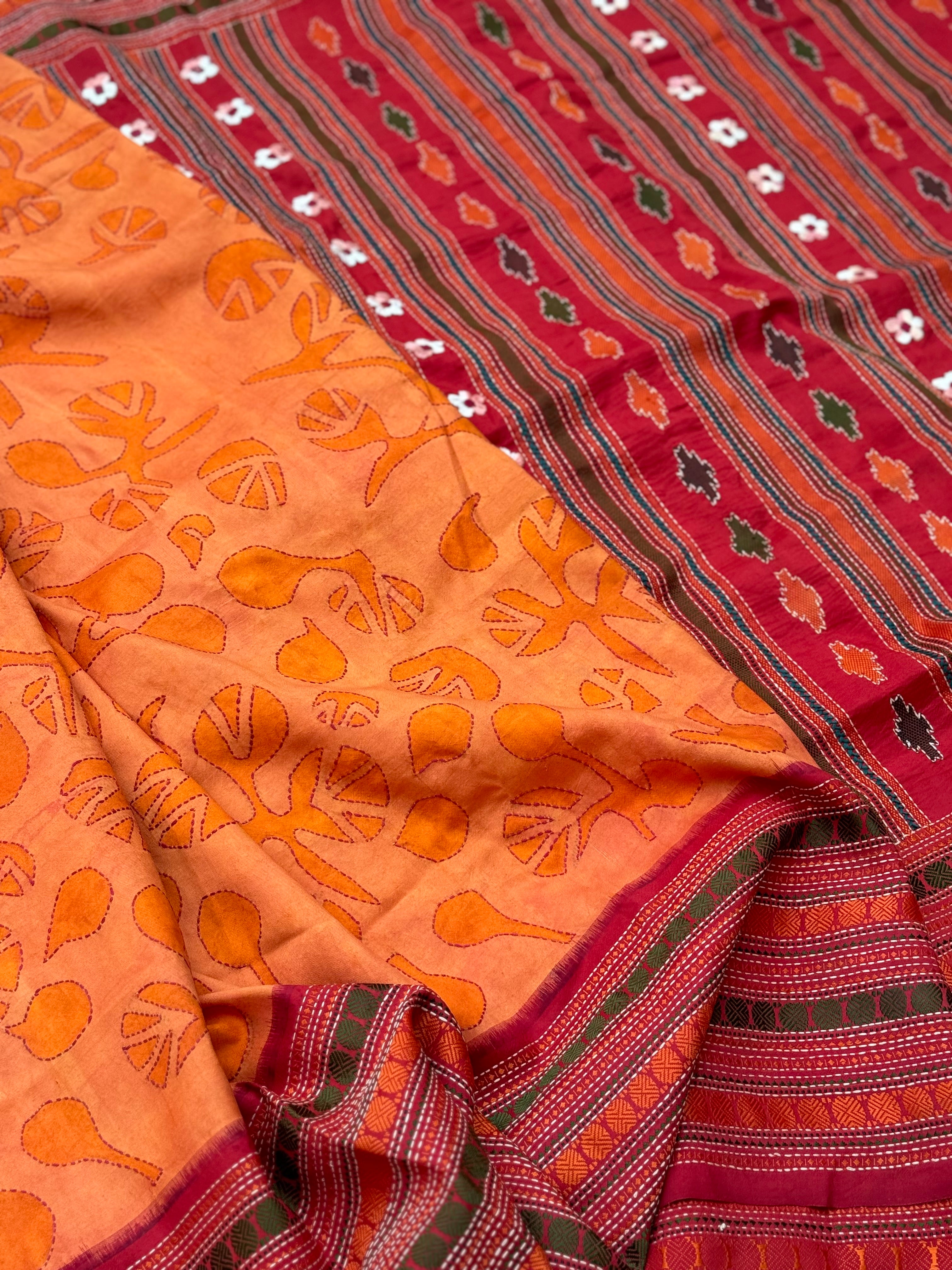 A revival kanchivaram silk saree with hand batik and Kathawork