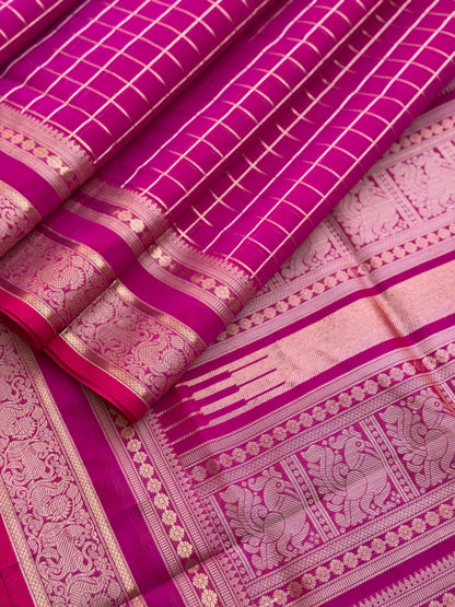 Rani pink zari checks Kanchi Silk Cotton Saree