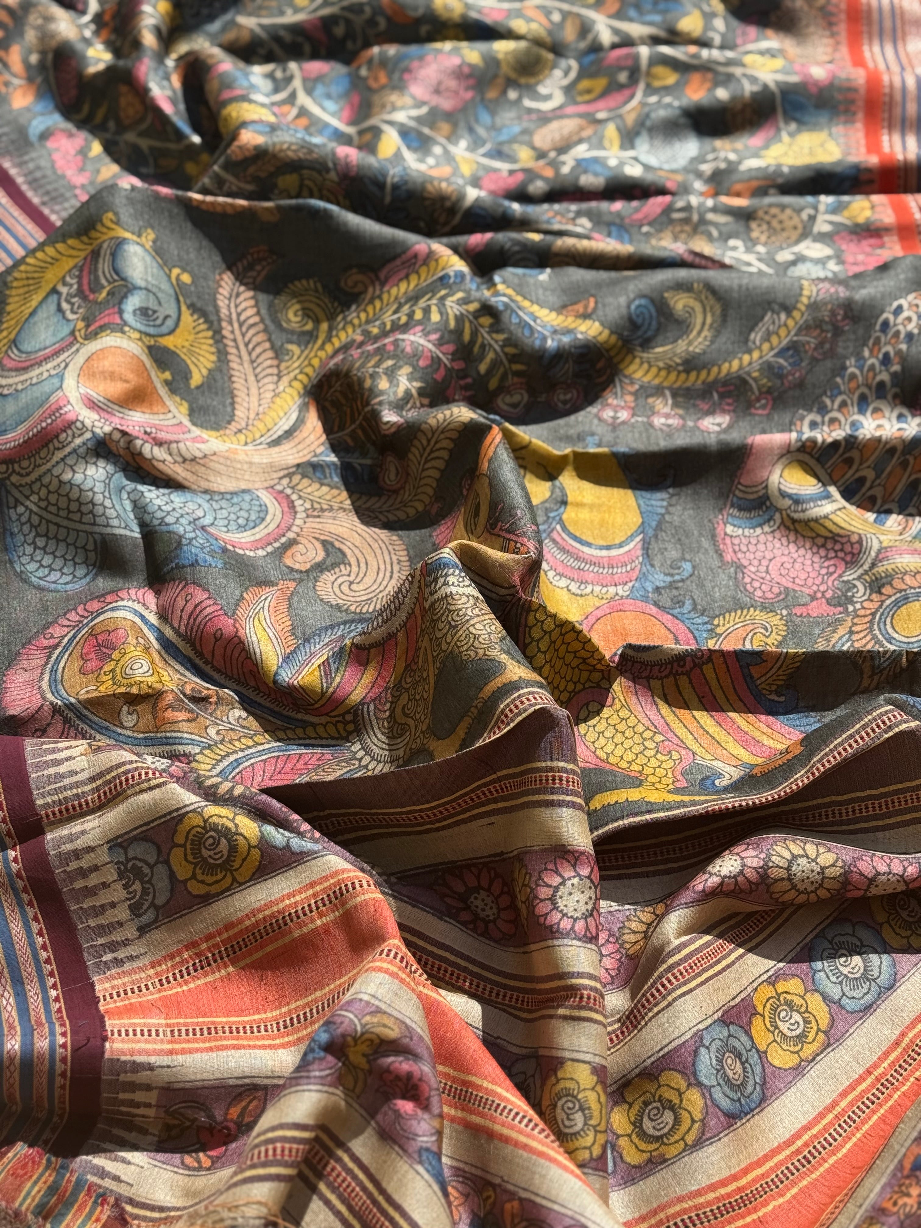 Handdrawn and Handpainted vidharbha TussarSilk Penkalamkari Saree