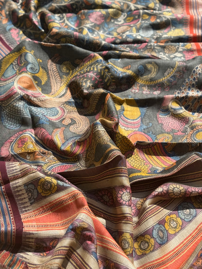 Handdrawn and Handpainted vidharbha TussarSilk Penkalamkari Saree