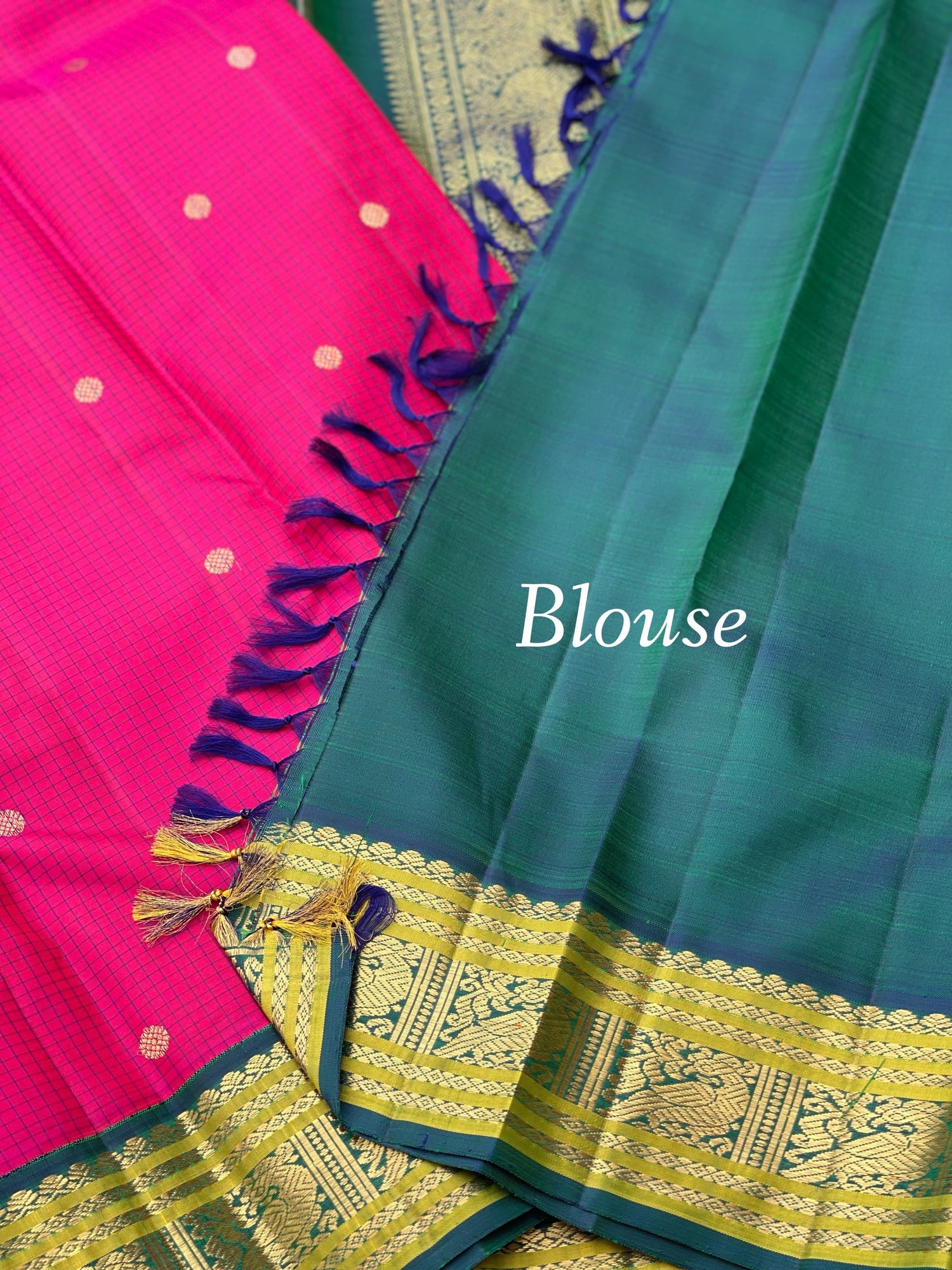 A Deep Fuchsia pink with green border Kanchivaram Silk saree