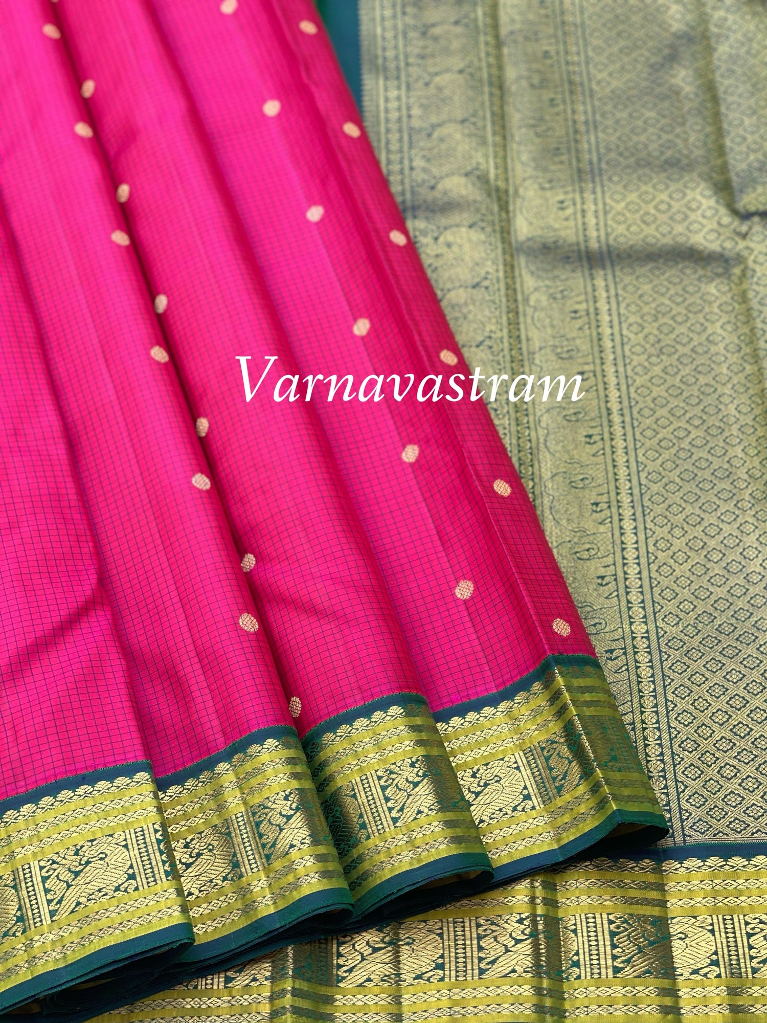 A Deep Fuchsia pink with green border Kanchivaram Silk saree