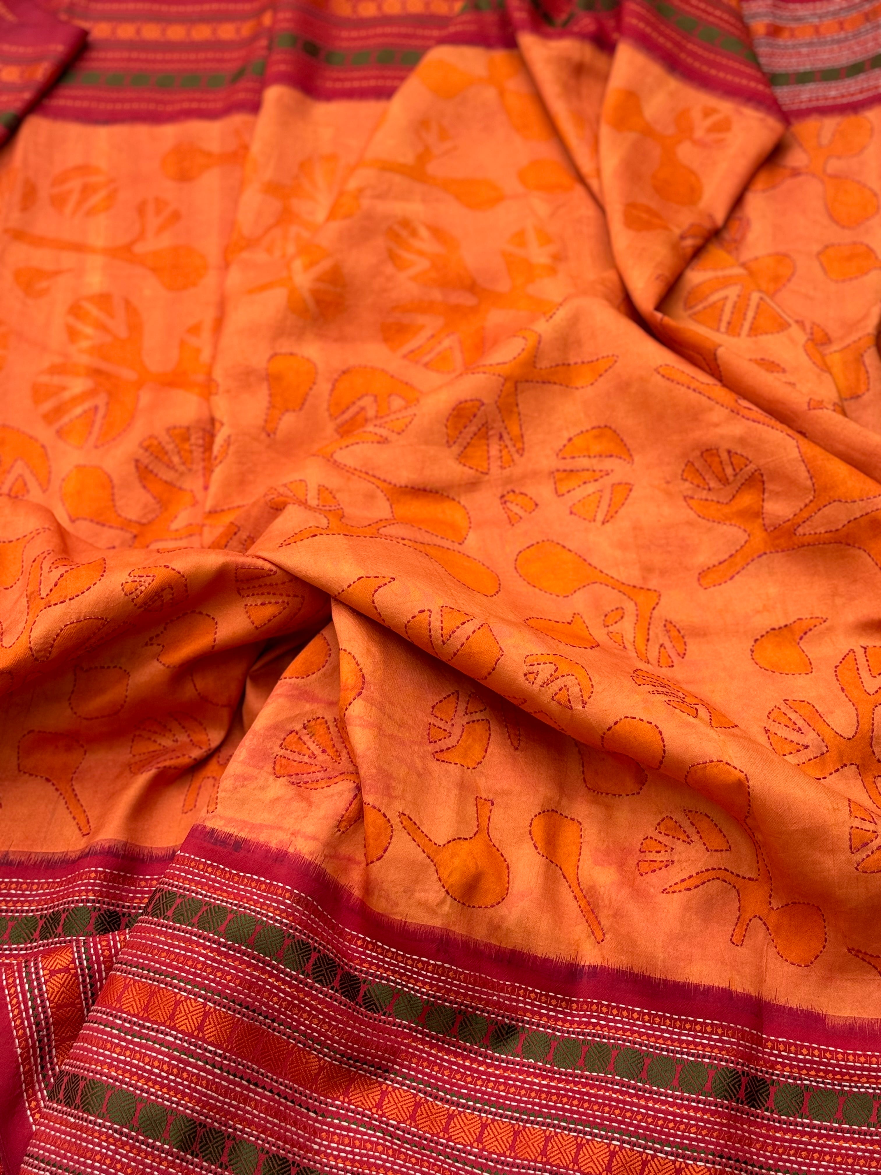 A revival kanchivaram silk saree with hand batik and Kathawork