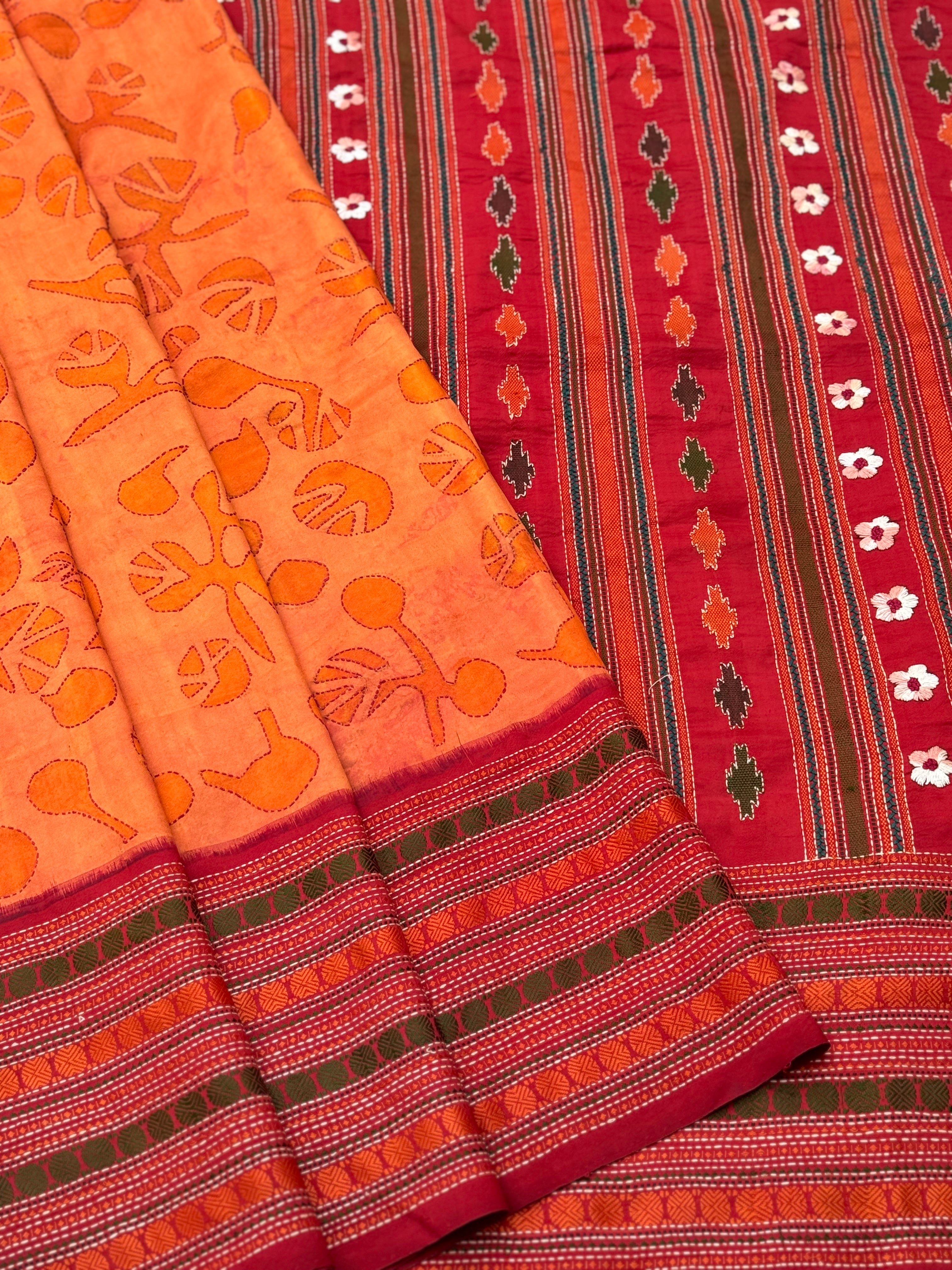 A revival kanchivaram silk saree with hand batik and Kathawork