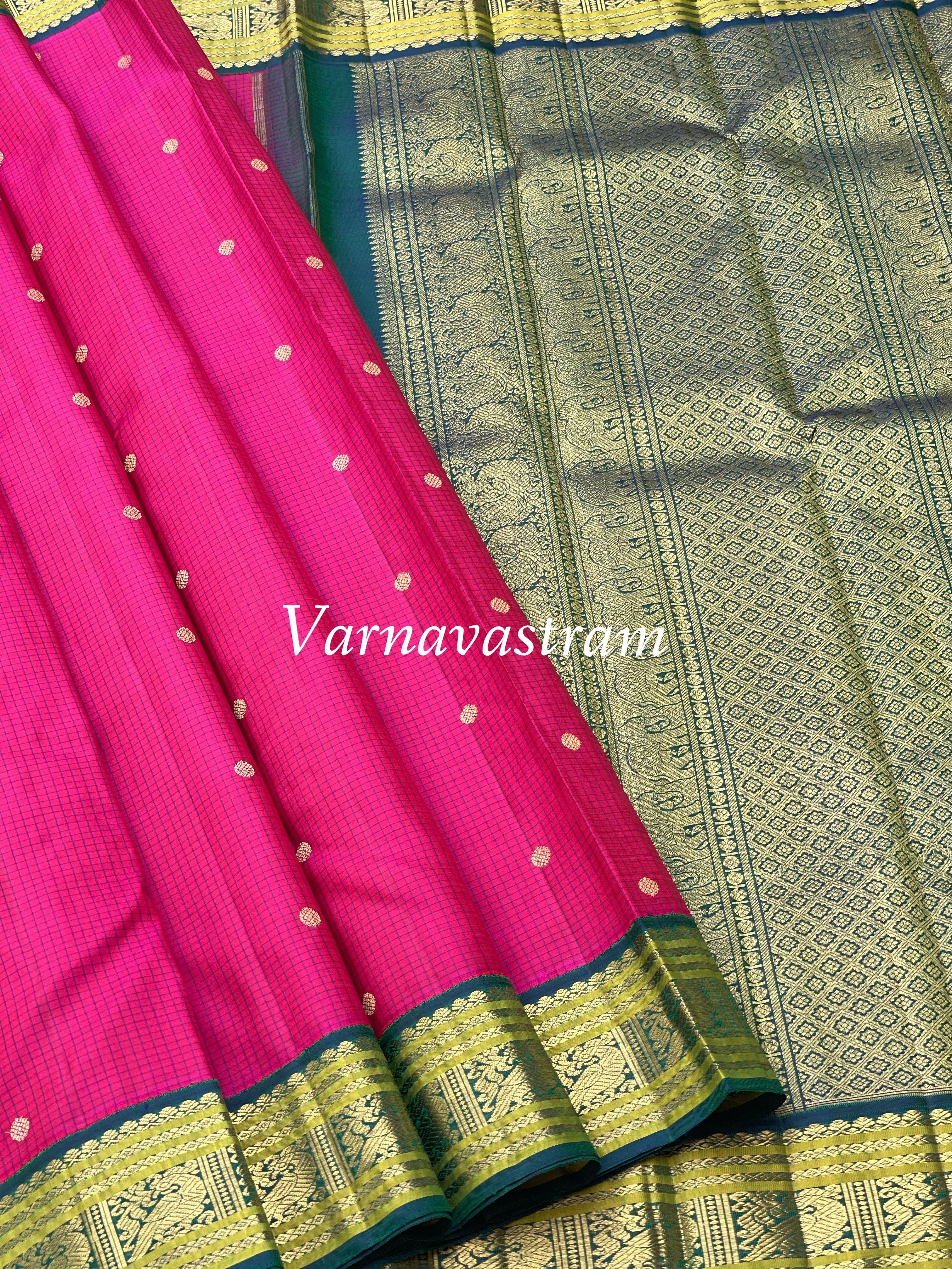 A Deep Fuchsia pink with green border Kanchivaram Silk saree