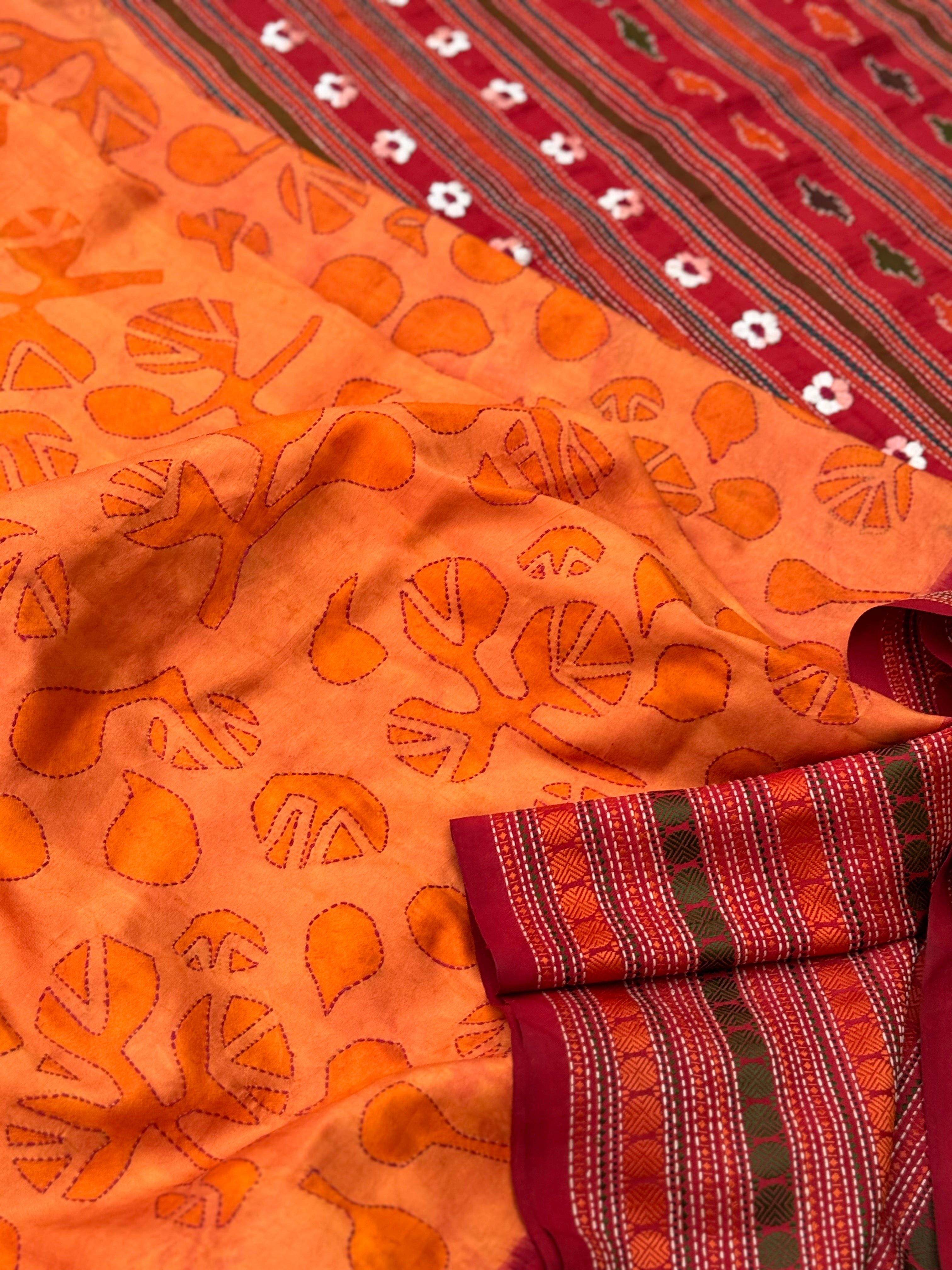 A revival kanchivaram silk saree with hand batik and Kathawork