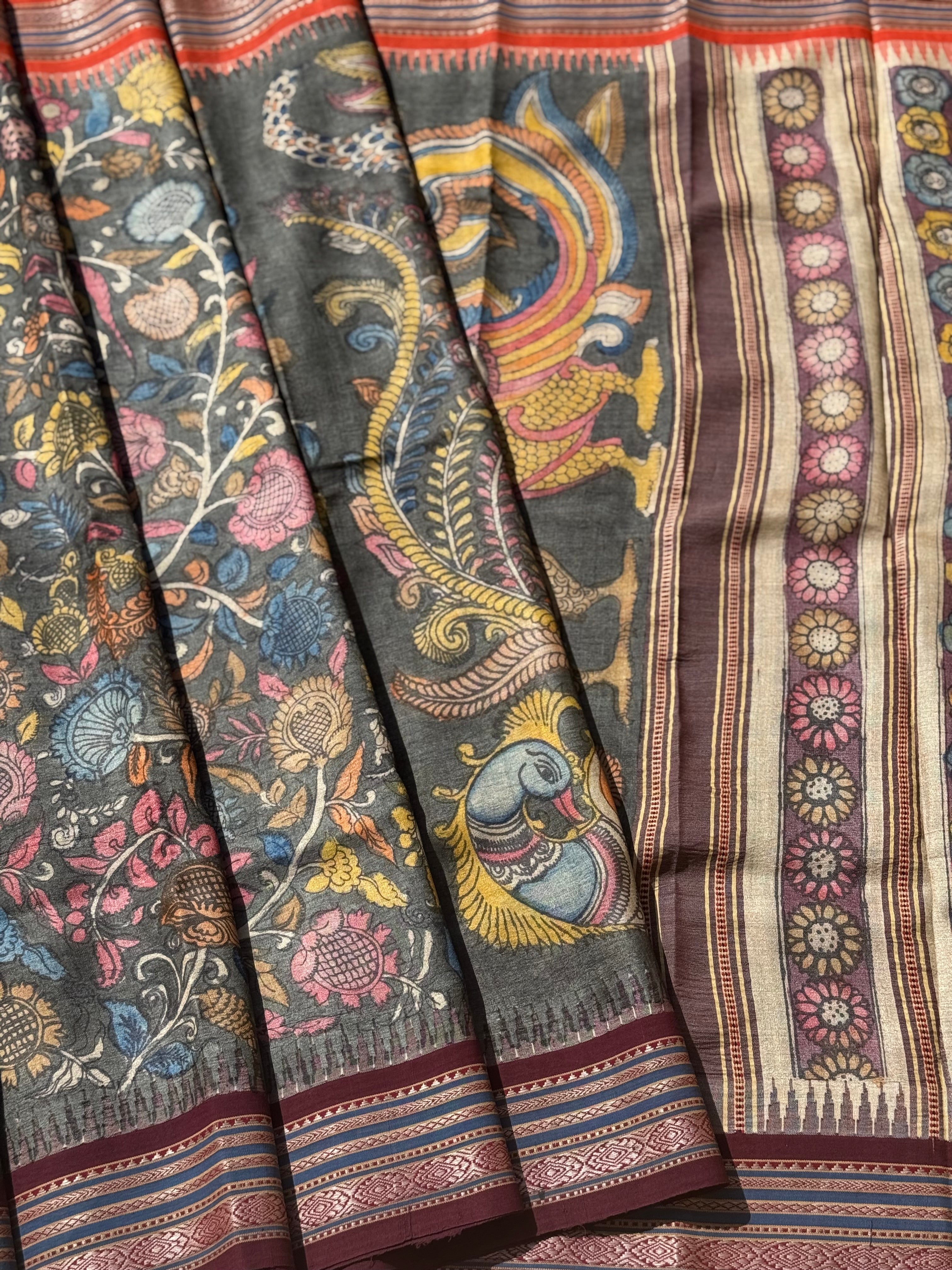 Handdrawn and Handpainted vidharbha TussarSilk Penkalamkari Saree