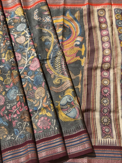 Handdrawn and Handpainted vidharbha TussarSilk Penkalamkari Saree