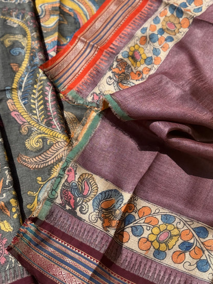 Handdrawn and Handpainted vidharbha TussarSilk Penkalamkari Saree