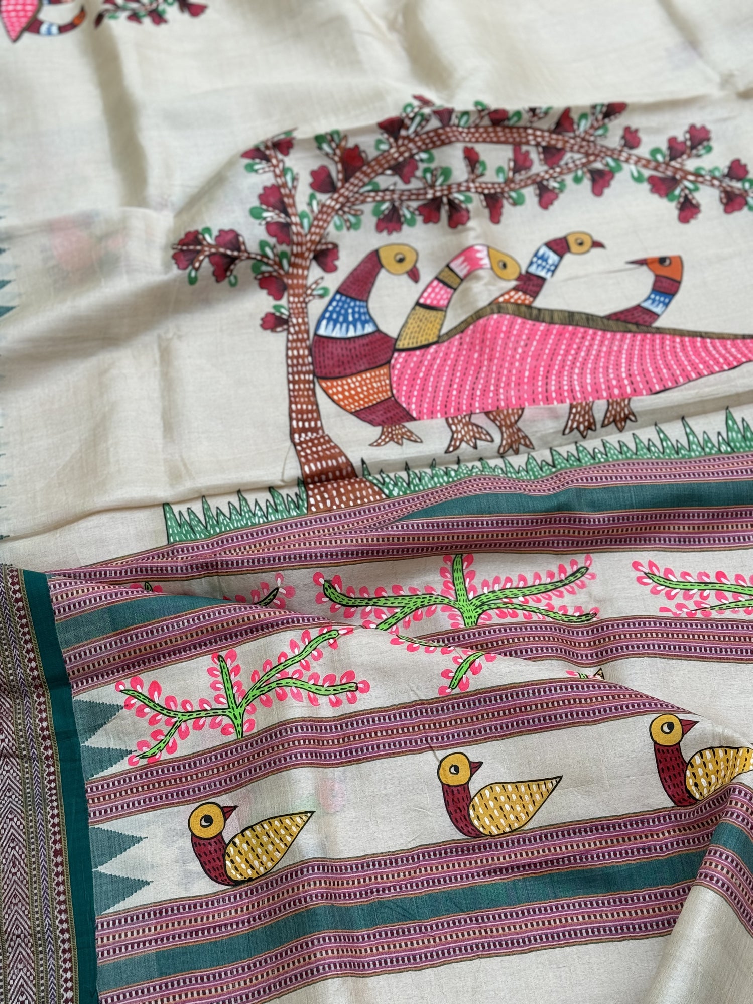 GOND folkart on Vidarbha tussar silk saree with Karvati kinar border