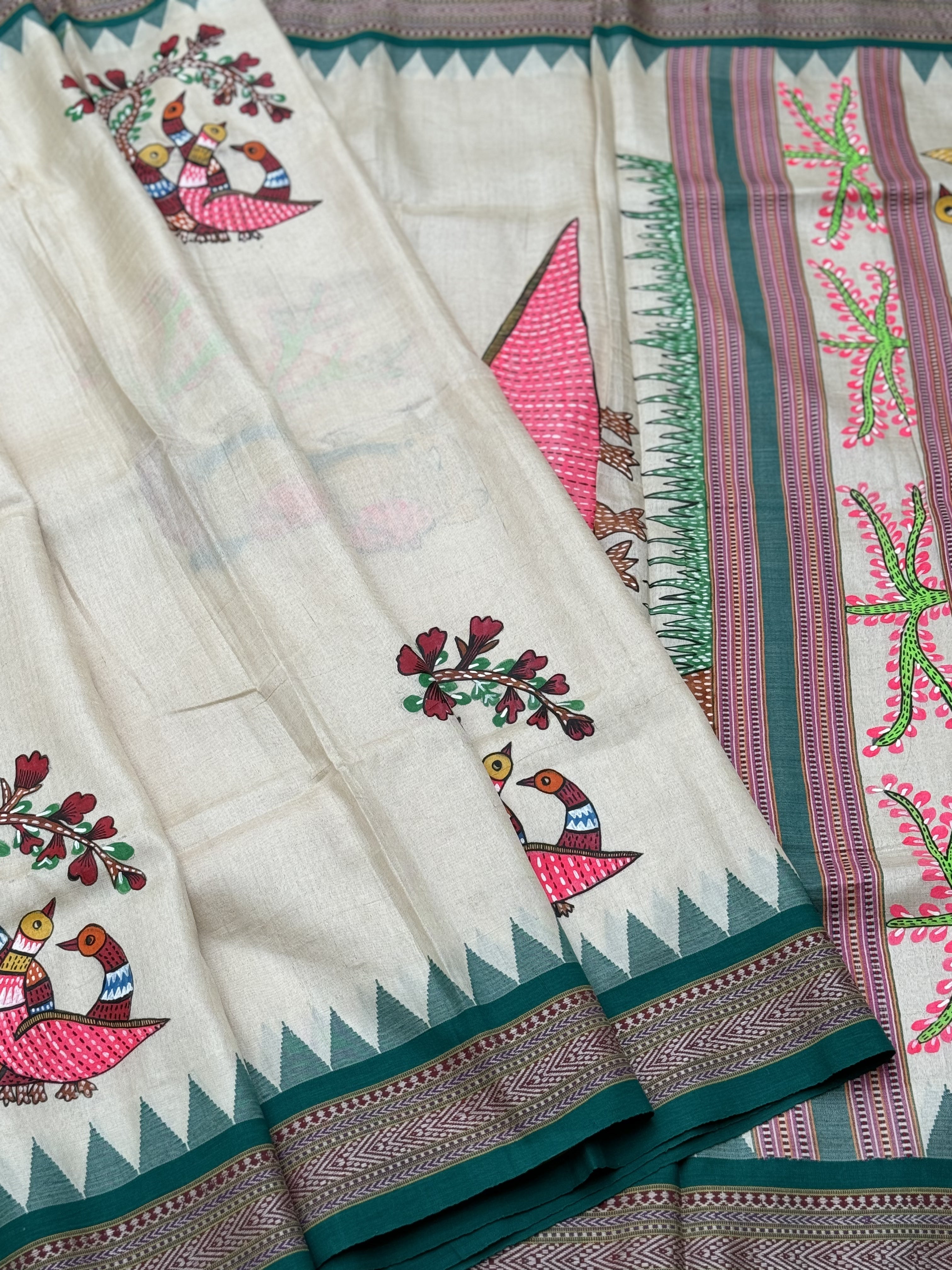 GOND folkart on Vidarbha tussar silk saree with Karvati kinar border