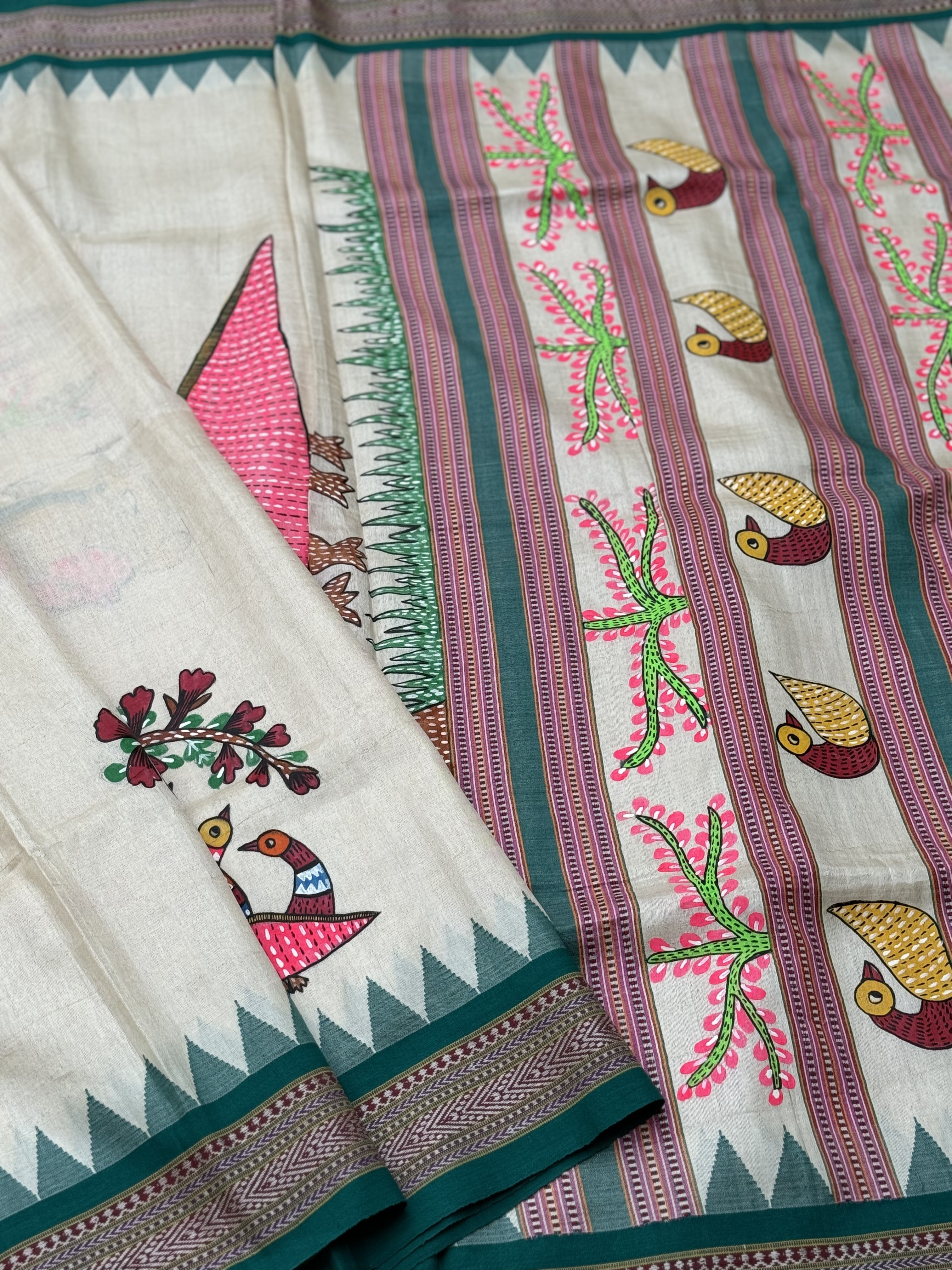 GOND folkart on Vidarbha tussar silk saree with Karvati kinar border