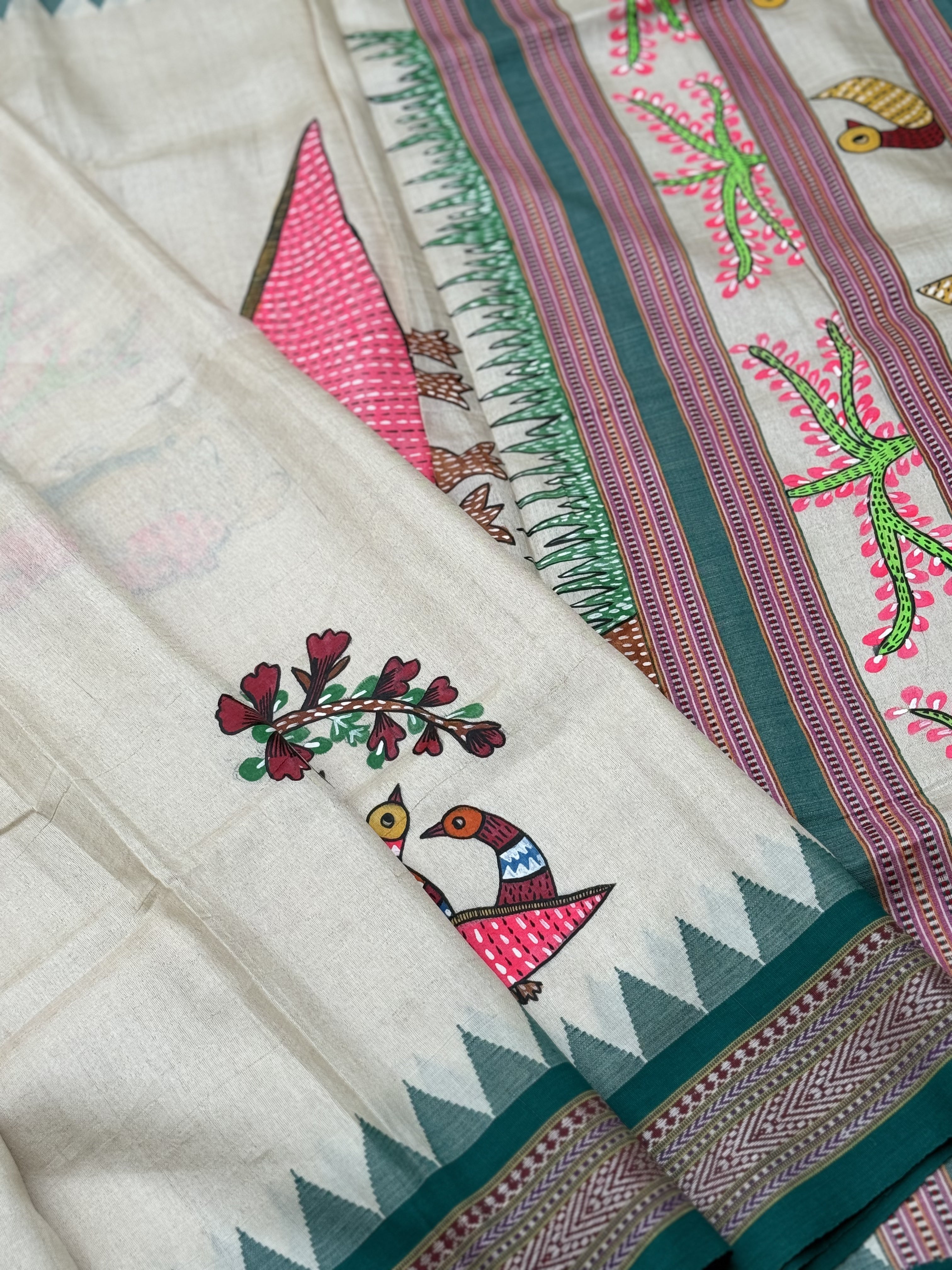 GOND folkart on Vidarbha tussar silk saree with Karvati kinar border