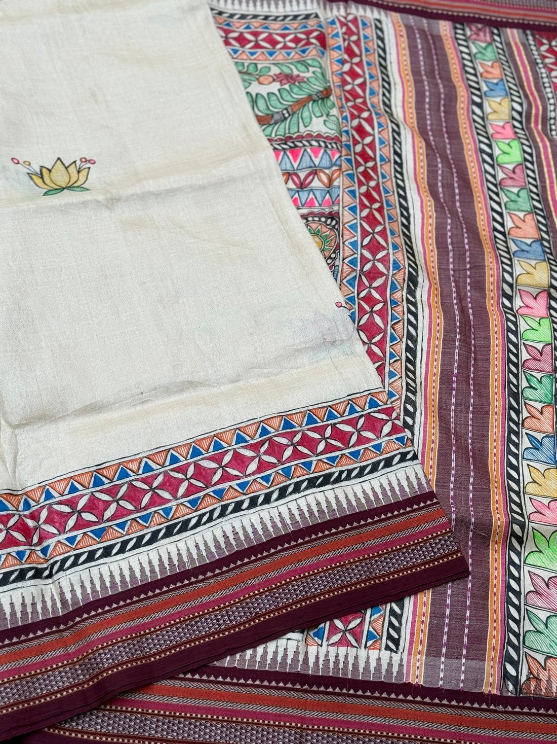 Madhubani folk artwork On Vidarbha tussar silk saree with Karvati kinar border