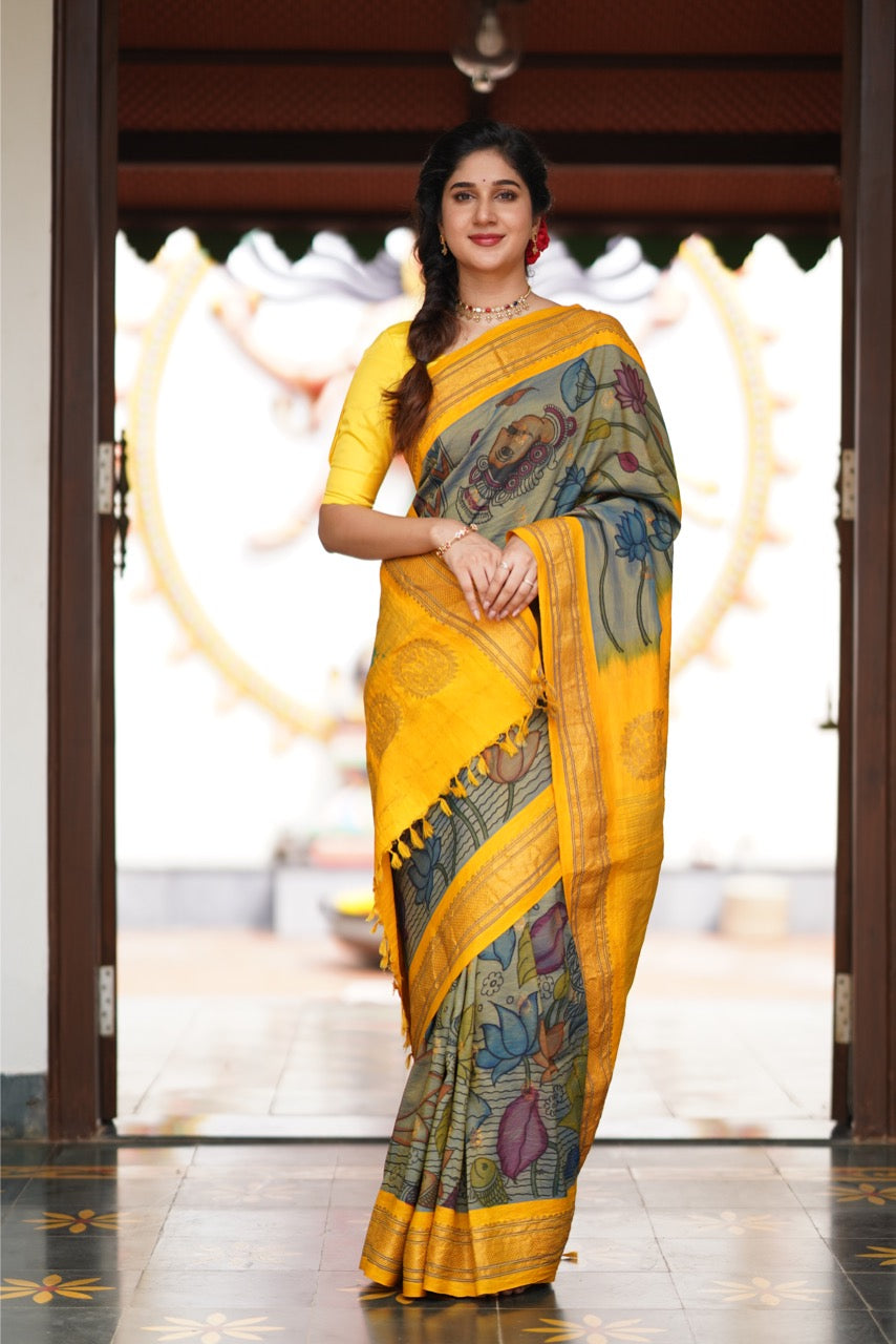 Paithani Silk Handdrawn Handpainted Penkalamkari Silk Saree