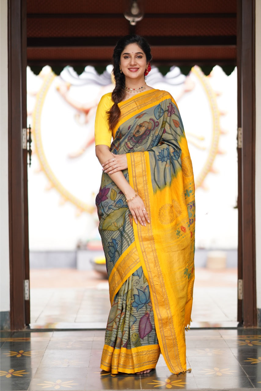 Paithani Silk Handdrawn Handpainted Penkalamkari Silk Saree