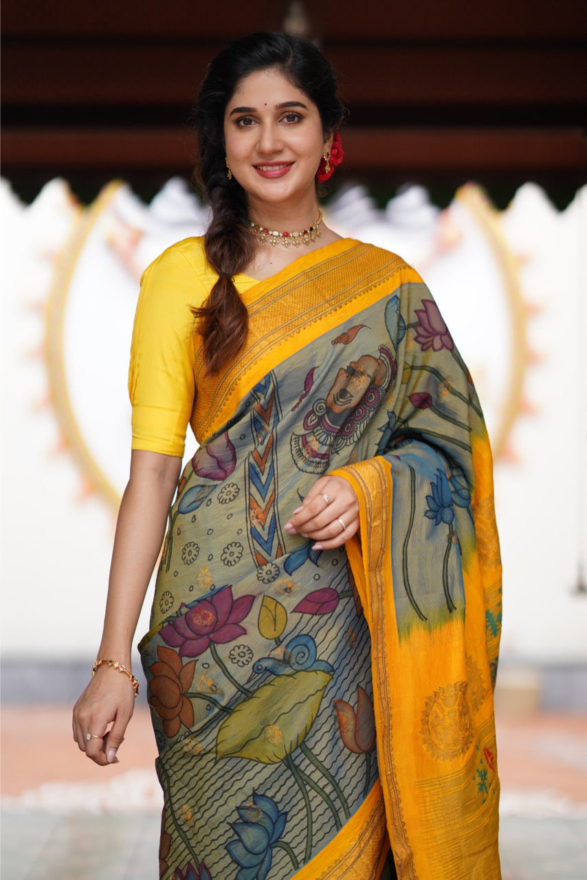 Paithani Silk Handdrawn Handpainted Penkalamkari Silk Saree