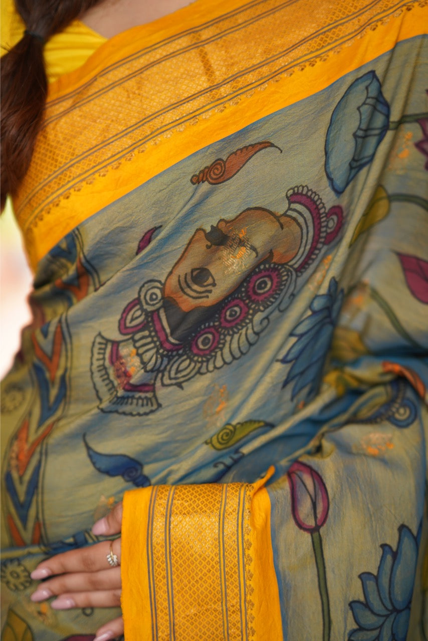 Paithani Silk Handdrawn Handpainted Penkalamkari Silk Saree