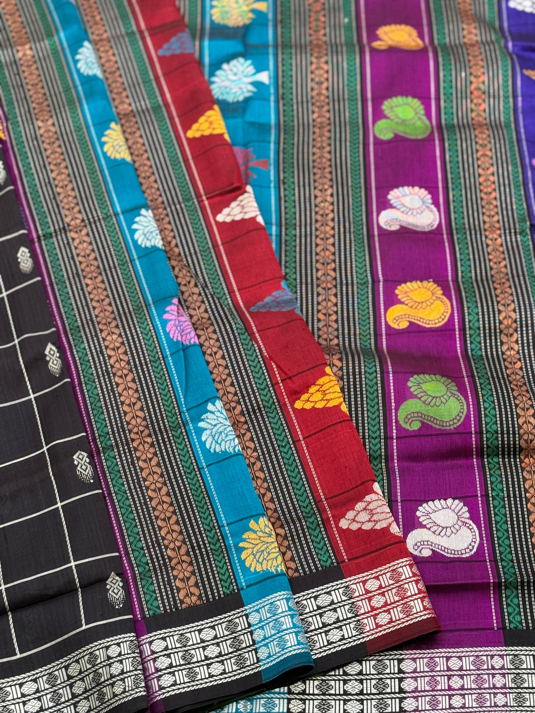 Black with multicoloured threadwork berhampuri silk patta
