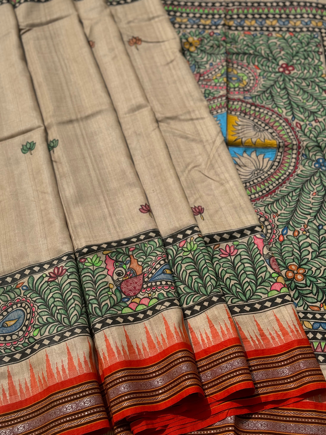 Madhubani folkart on Vidarbha tussar silk saree with Karvati kinar border