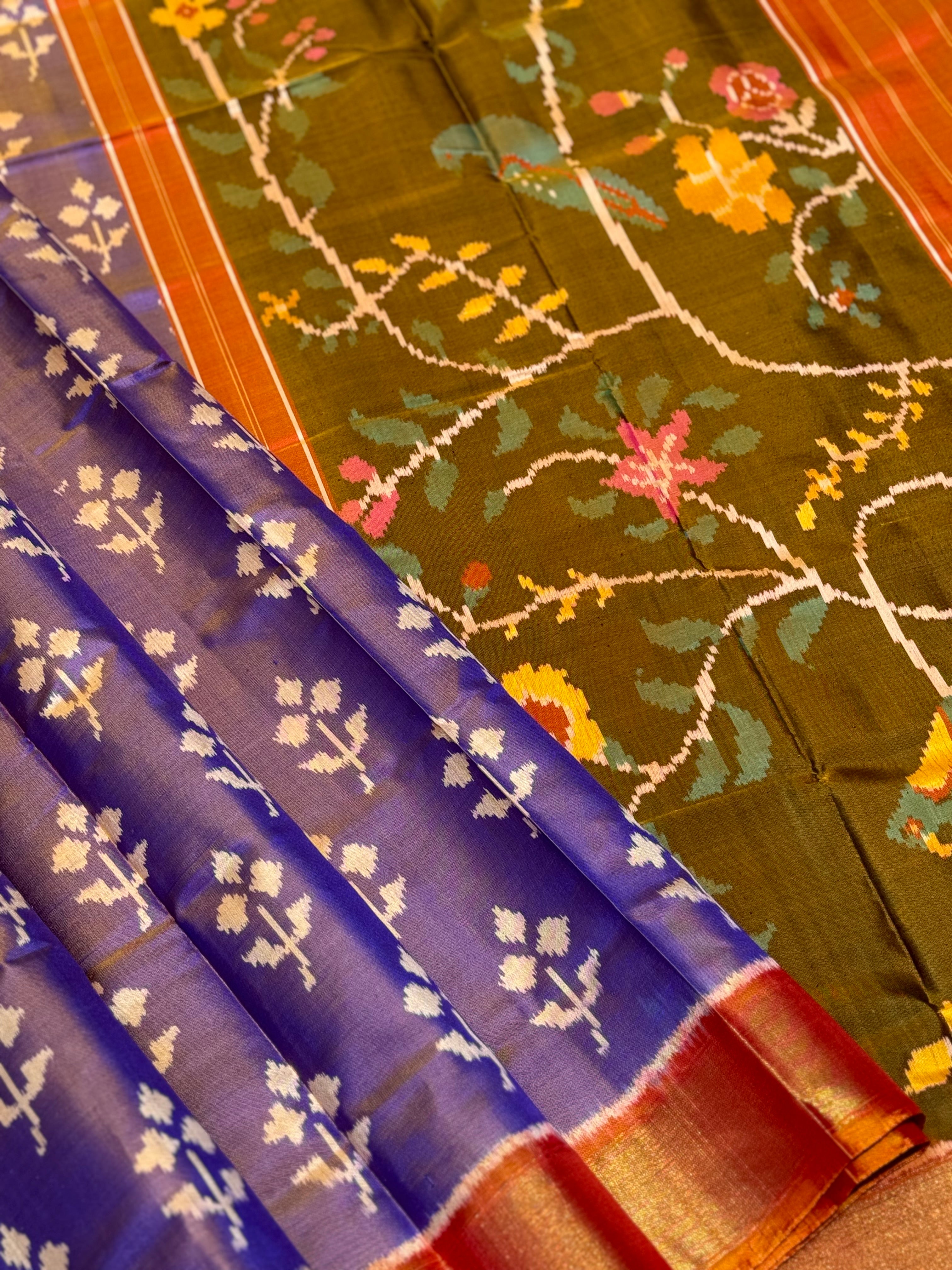 A gorgeous tissue with purple and orange shade single ikkat patola silk SAREE