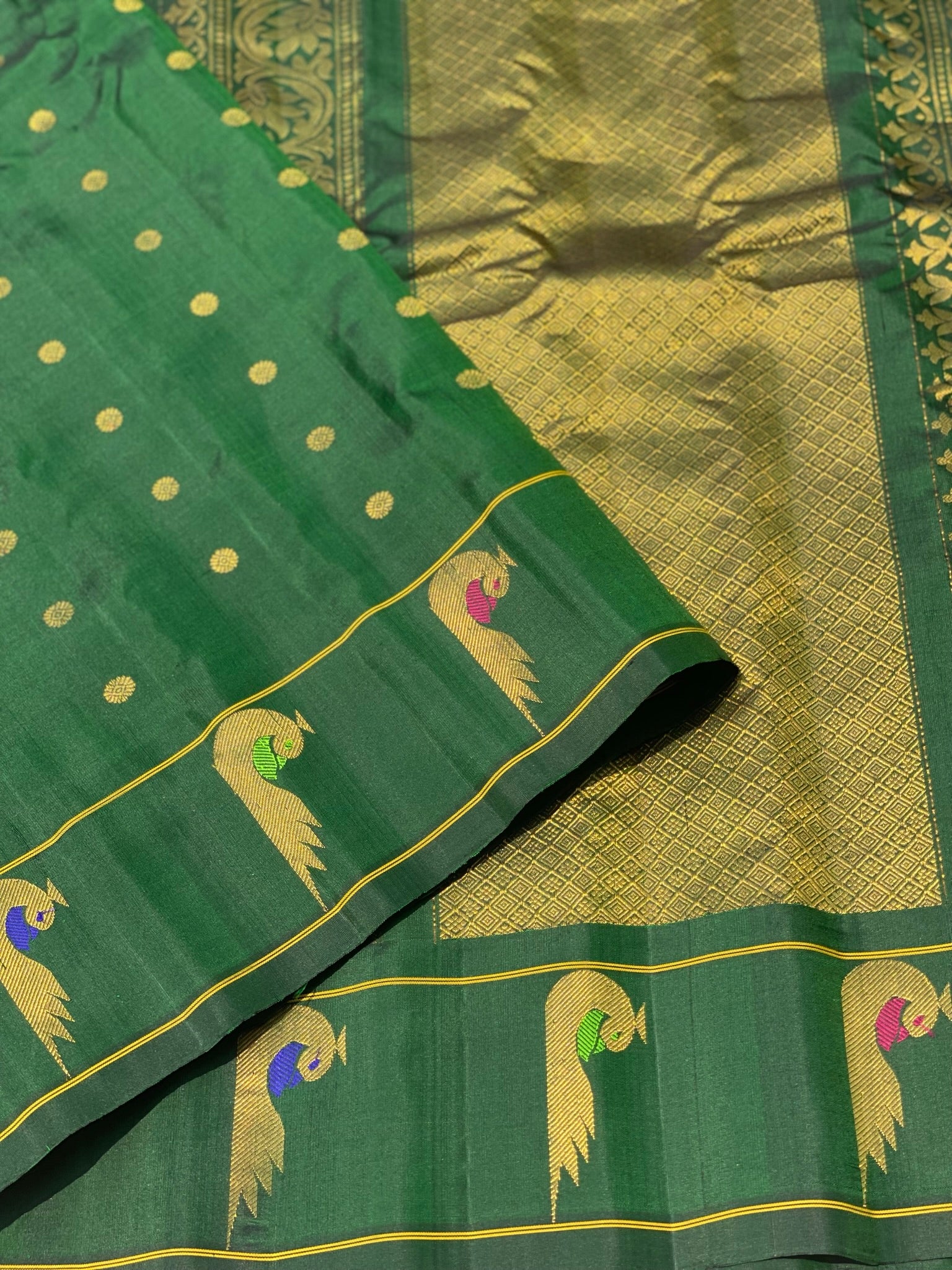 Handwoven Gadwal Silk With Meenakari Peacock Butties In The Border And Grand Pallu Saree