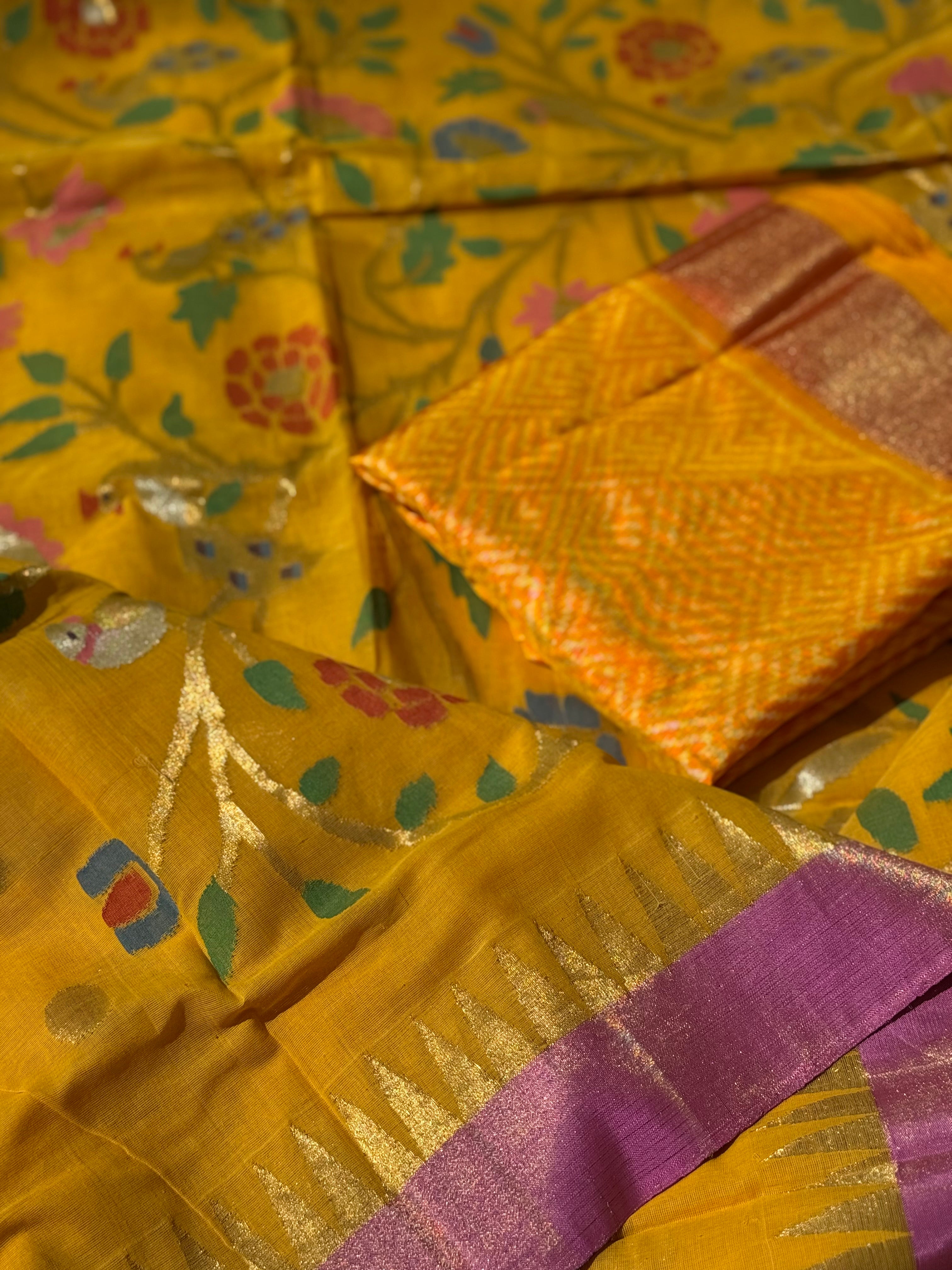 Haldi yellow with pink Handspun Ponduru Khadhi cotton saree with pallu full jaal jamdani weave