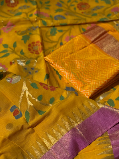Haldi yellow with pink Handspun Ponduru Khadhi cotton saree with pallu full jaal jamdani weave