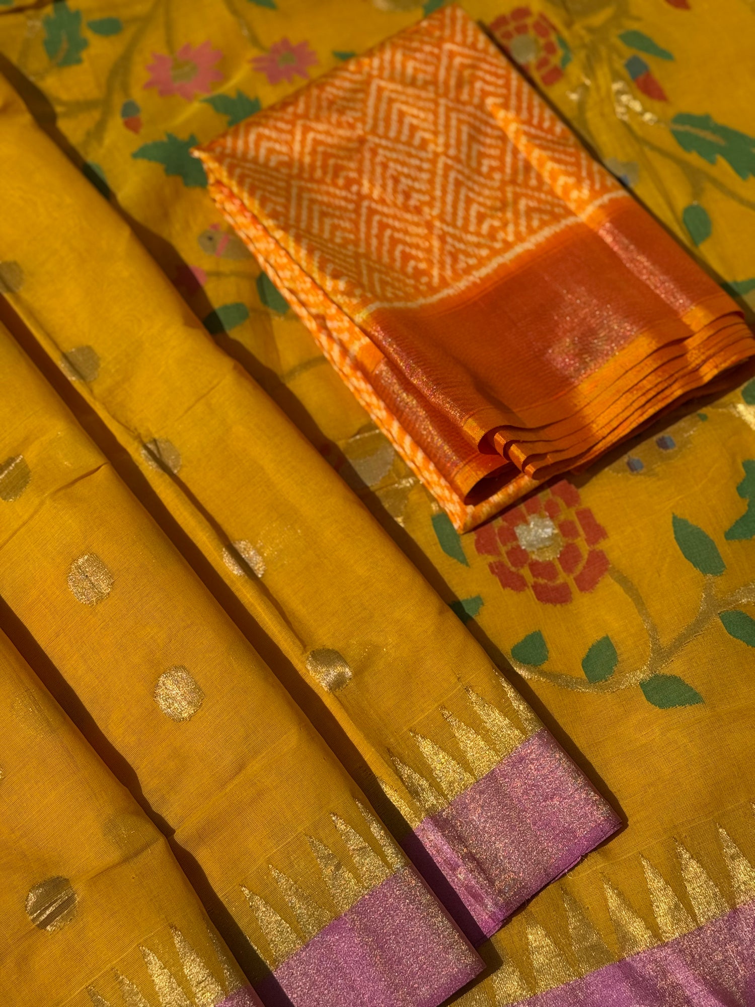 Haldi yellow with pink Handspun Ponduru Khadhi cotton saree with pallu full jaal jamdani weave