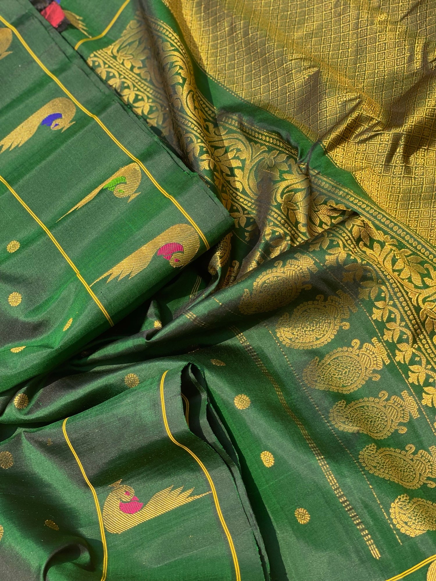 Handwoven Gadwal Silk With Meenakari Peacock Butties In The Border And Grand Pallu Saree