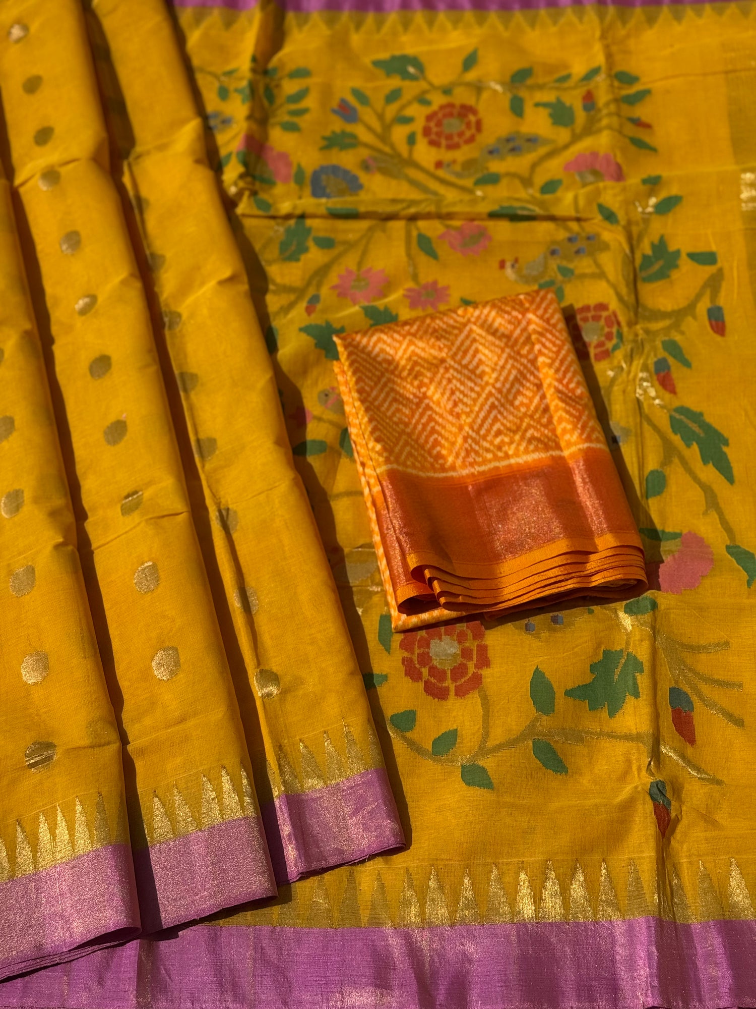 Haldi yellow with pink Handspun Ponduru Khadhi cotton saree with pallu full jaal jamdani weave