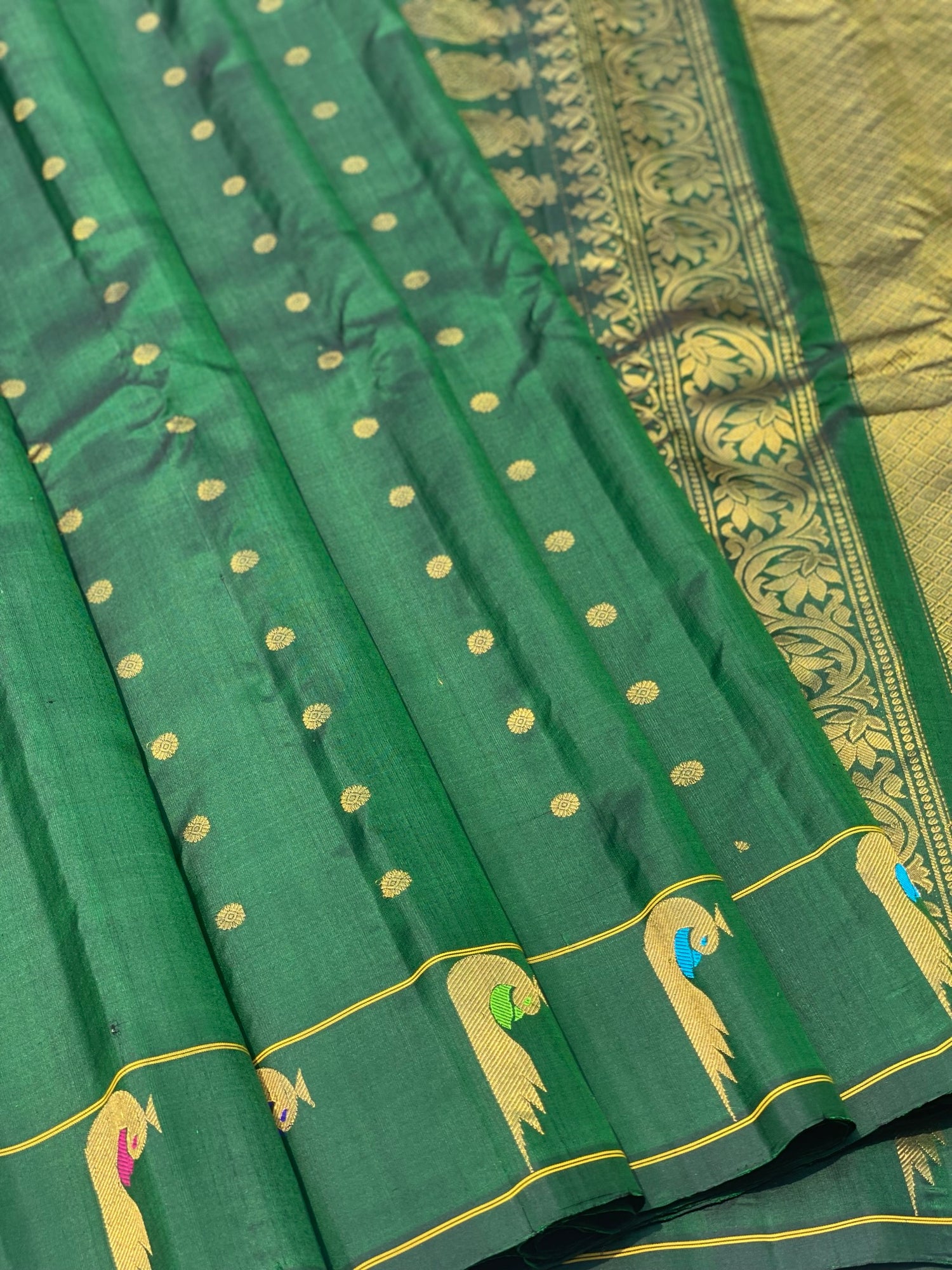 Handwoven Gadwal Silk With Meenakari Peacock Butties In The Border And Grand Pallu Saree