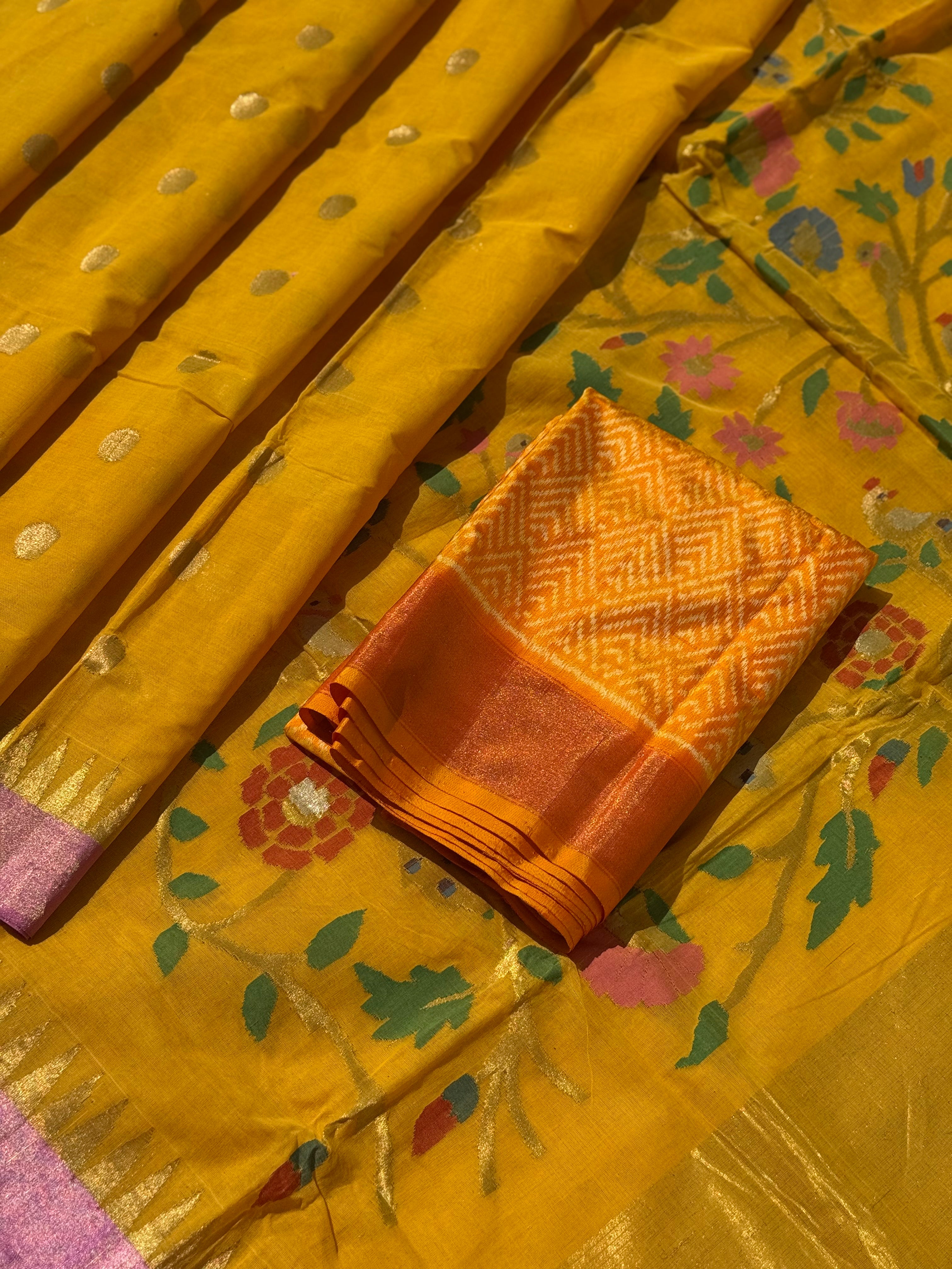 Haldi yellow with pink Handspun Ponduru Khadhi cotton saree with pallu full jaal jamdani weave
