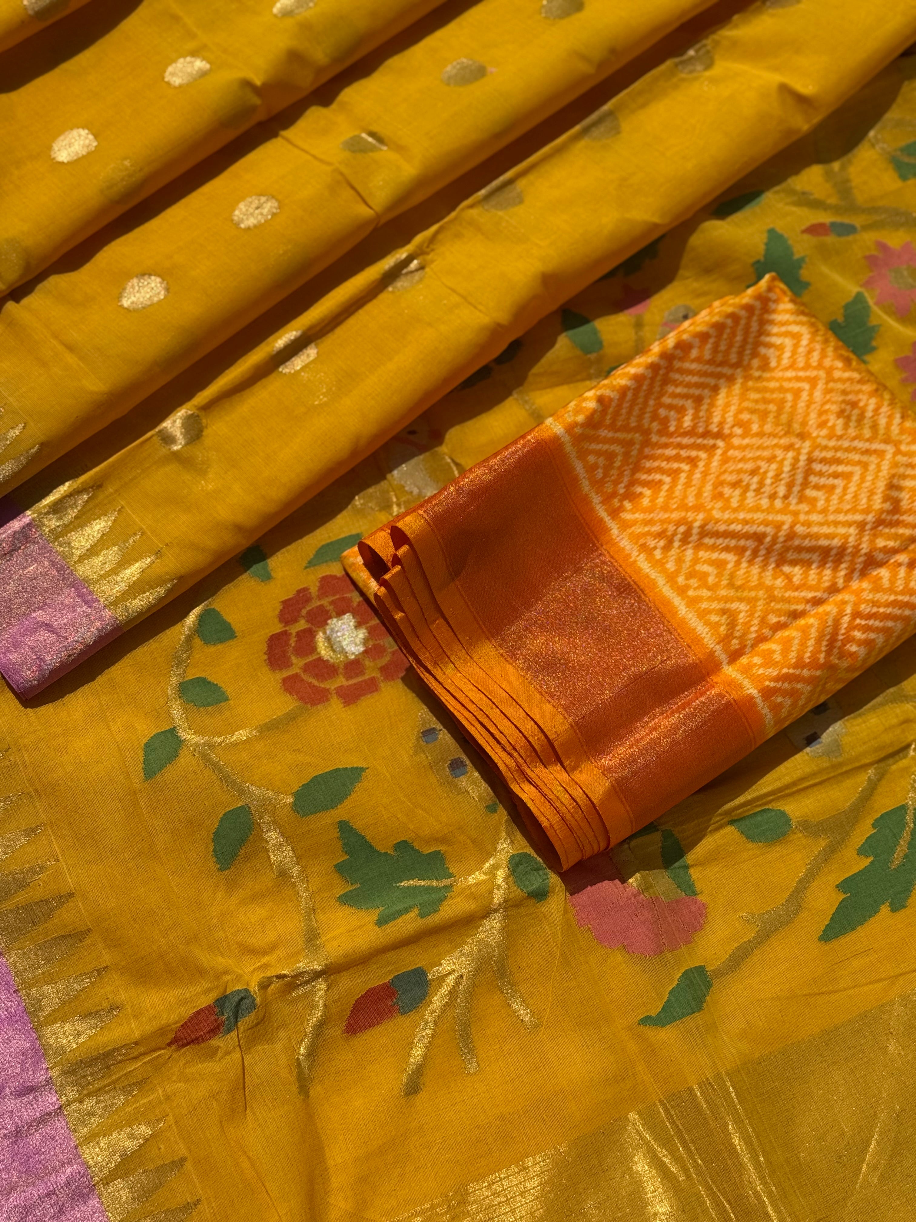 Haldi yellow with pink Handspun Ponduru Khadhi cotton saree with pallu full jaal jamdani weave