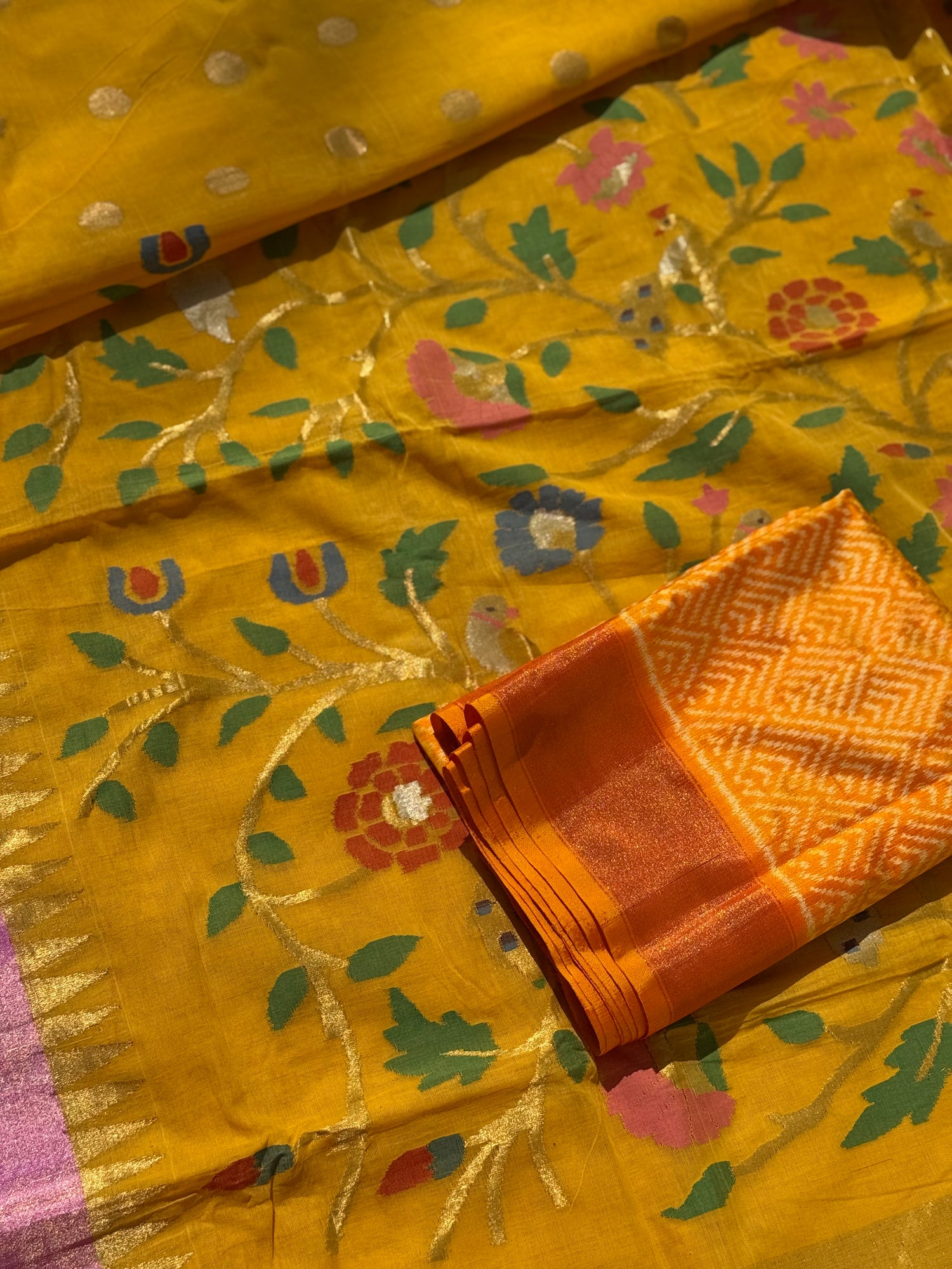 Haldi yellow with pink Handspun Ponduru Khadhi cotton saree with pallu full jaal jamdani weave