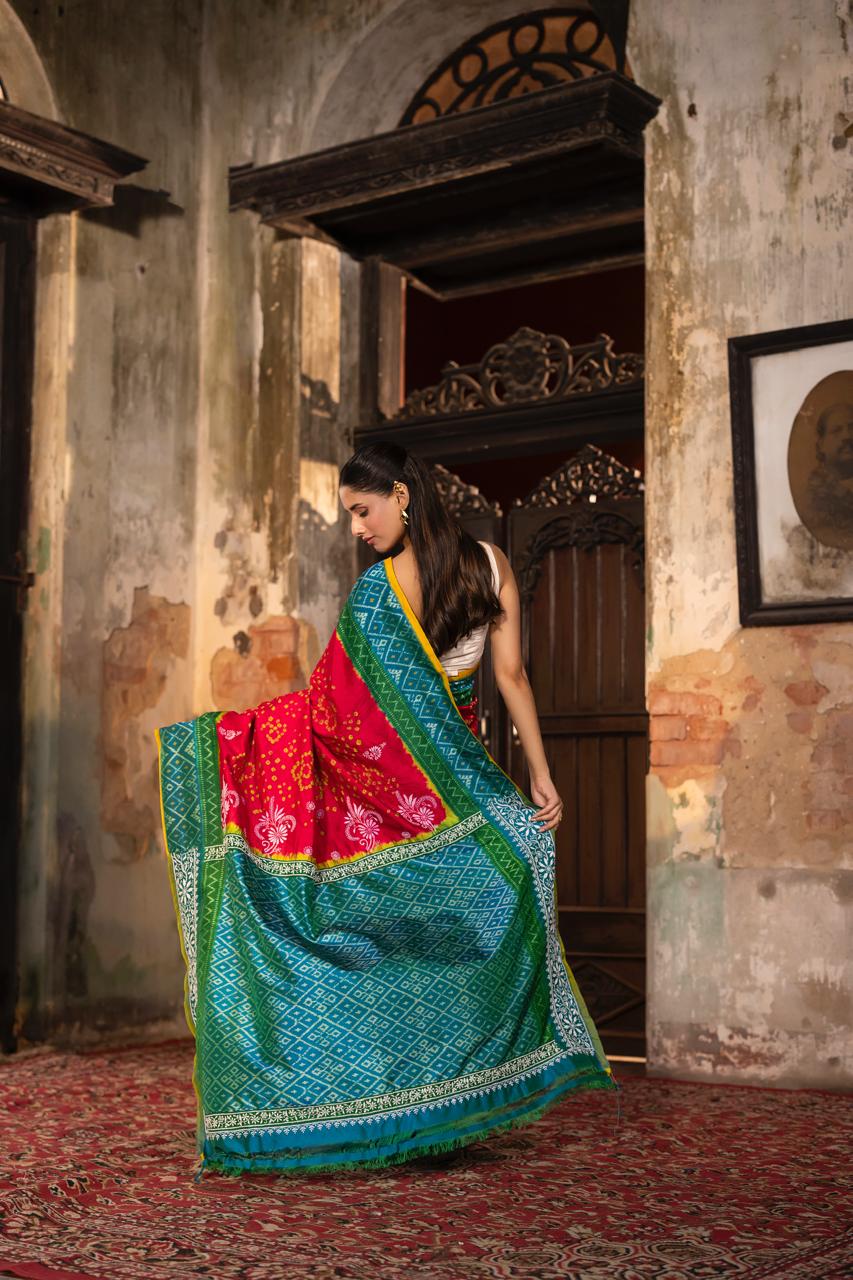 A Mulberry silk ikkat saree adorned with hand embroidery Chikankari work