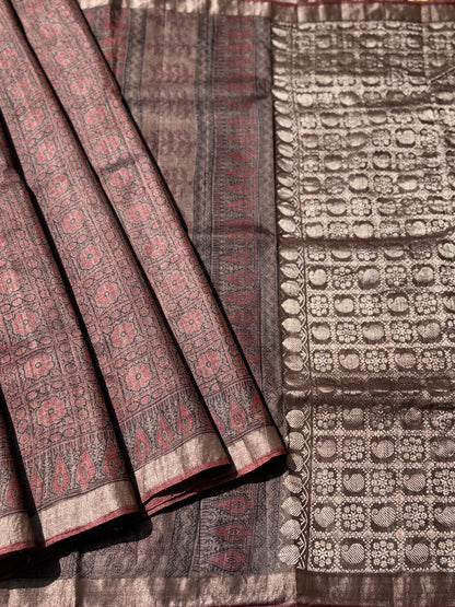 EYARKAI - NATURAL DYE KODALIKARUPPUR BLOCK PRINTS ON TUSSAR BY TUSSR SILK