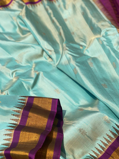 Handwoven Gadwal Silk With Temple Border, Plain Body And Grand Pallu Saree