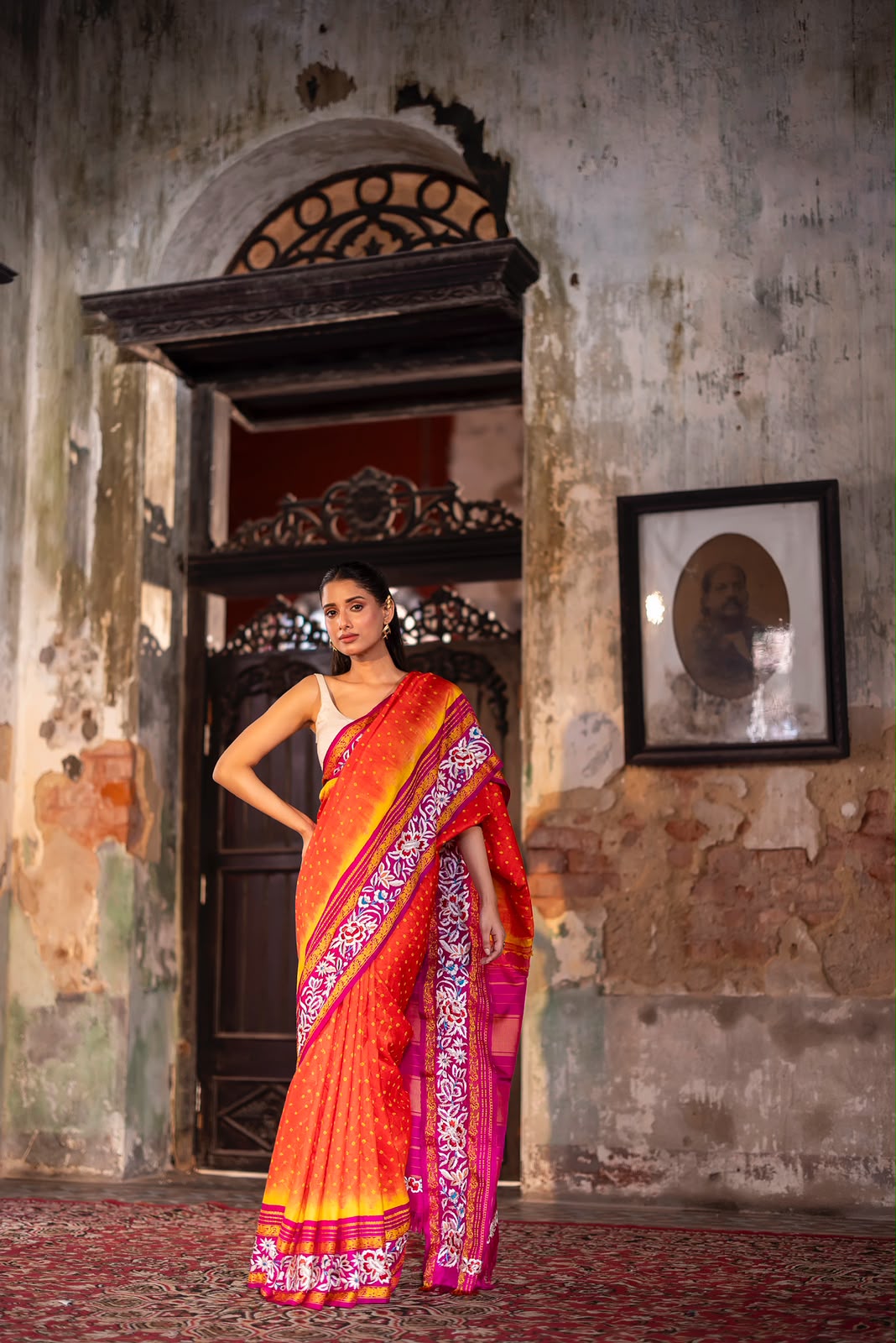 Parsi Gara with Rai Bhandej stunning Korvai Kanchivaram in orangish yellow with pink