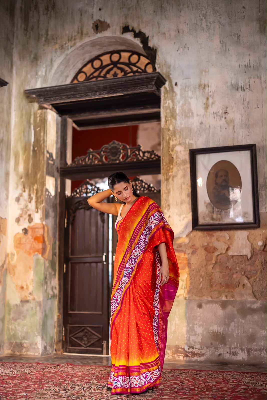 Parsi Gara with Rai Bhandej stunning Korvai Kanchivaram in orangish yellow with pink